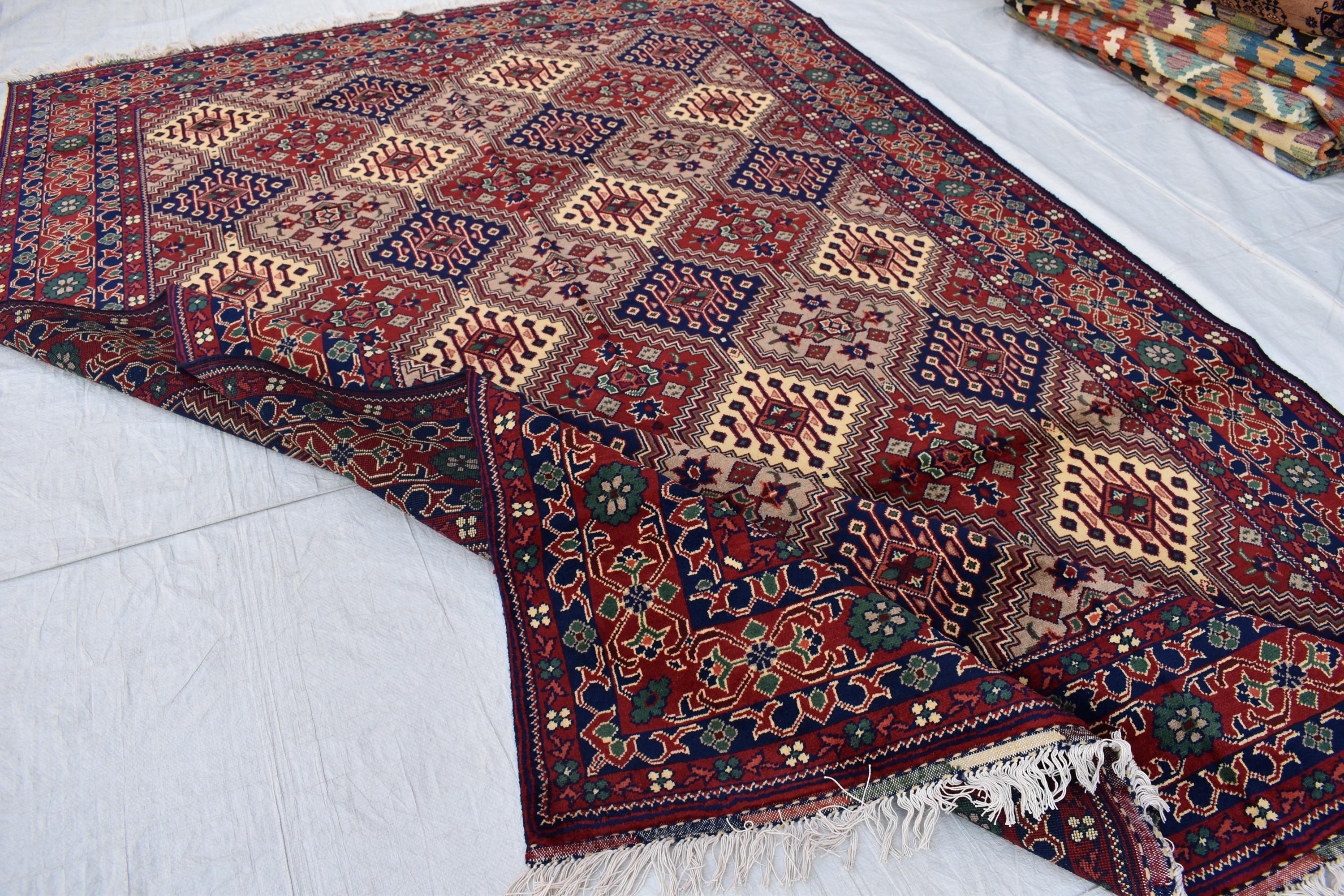 Handmade Afghan Geometric Wool Carpet - Traditional Tribal Design - 10.1x6.8 ft - Red, Blue & beige Wool Rug - Living Room Decor