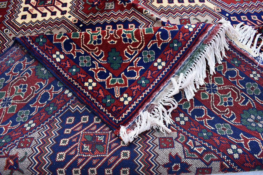 Handmade Afghan Geometric Wool Carpet - Traditional Tribal Design - 10.1x6.8 ft - Red, Blue & beige Wool Rug - Living Room Decor