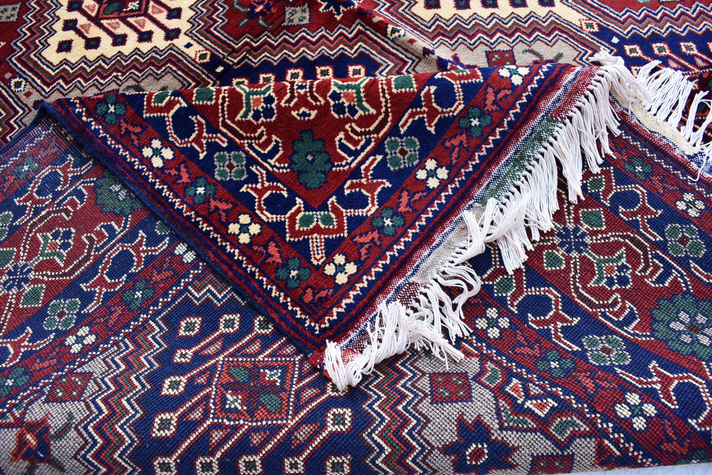 Handmade Afghan Geometric Wool Carpet - Traditional Tribal Design - 10.1x6.8 ft - Red, Blue & beige Wool Rug - Living Room Decor