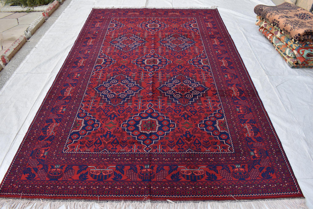 Bukhara Handmade Afghan Wool Rug - Traditional Tribal Geometric Carpet - 10.10x6.8 ft - Red & Blue Oriental Design - Large Living Room Rug
