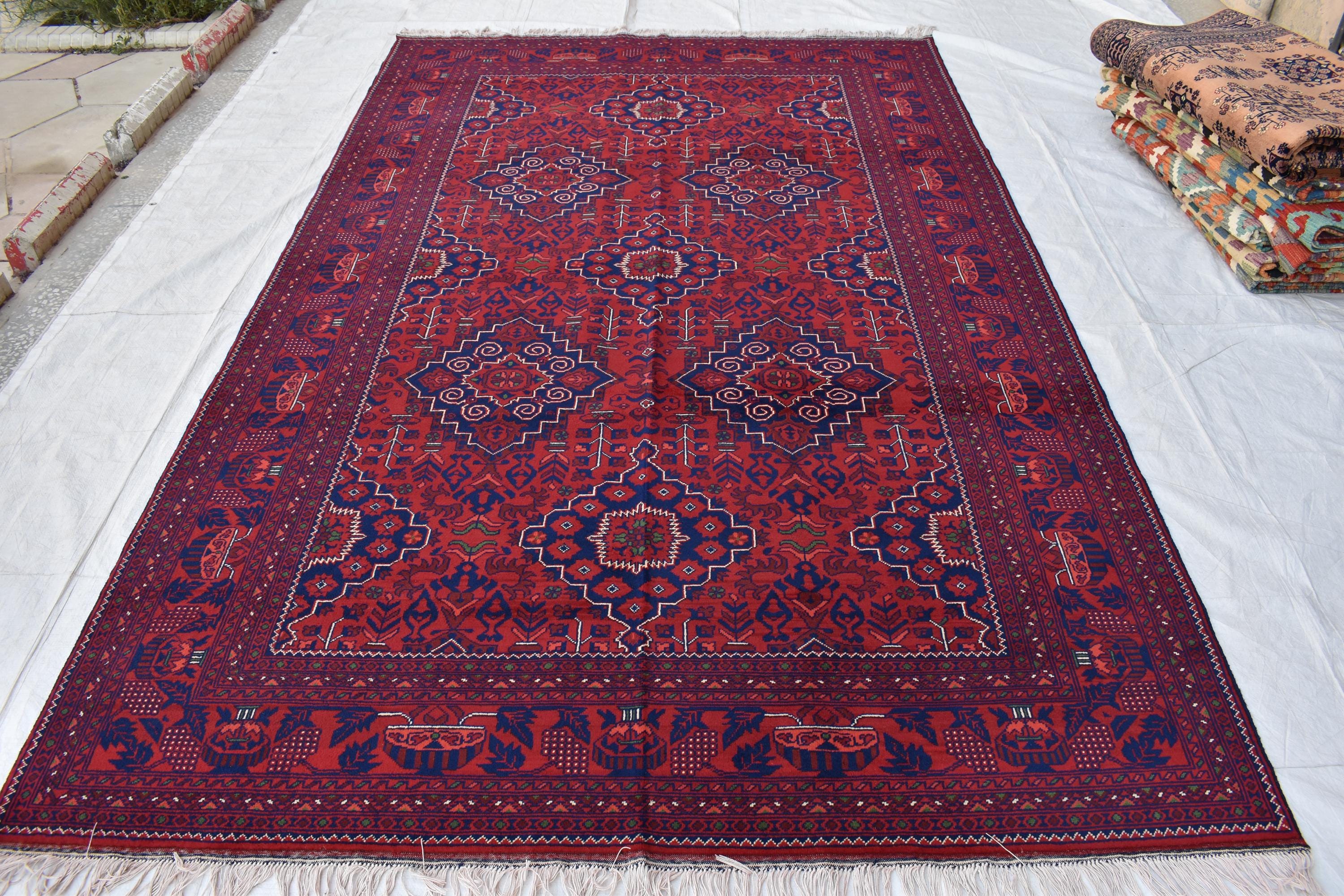 Bukhara Handmade Afghan Wool Rug - Traditional Tribal Geometric Carpet - 10.10x6.8 ft - Red & Blue Oriental Design - Large Living Room Rug