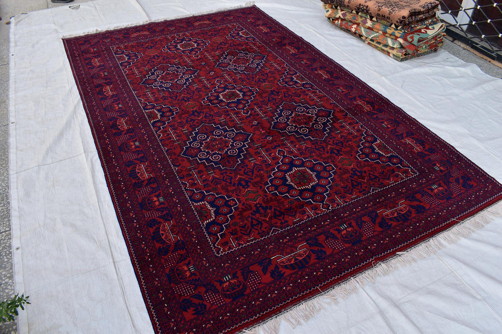 Bukhara Handmade Afghan Wool Rug - Traditional Tribal Geometric Carpet - 10.10x6.8 ft - Red & Blue Oriental Design - Large Living Room Rug