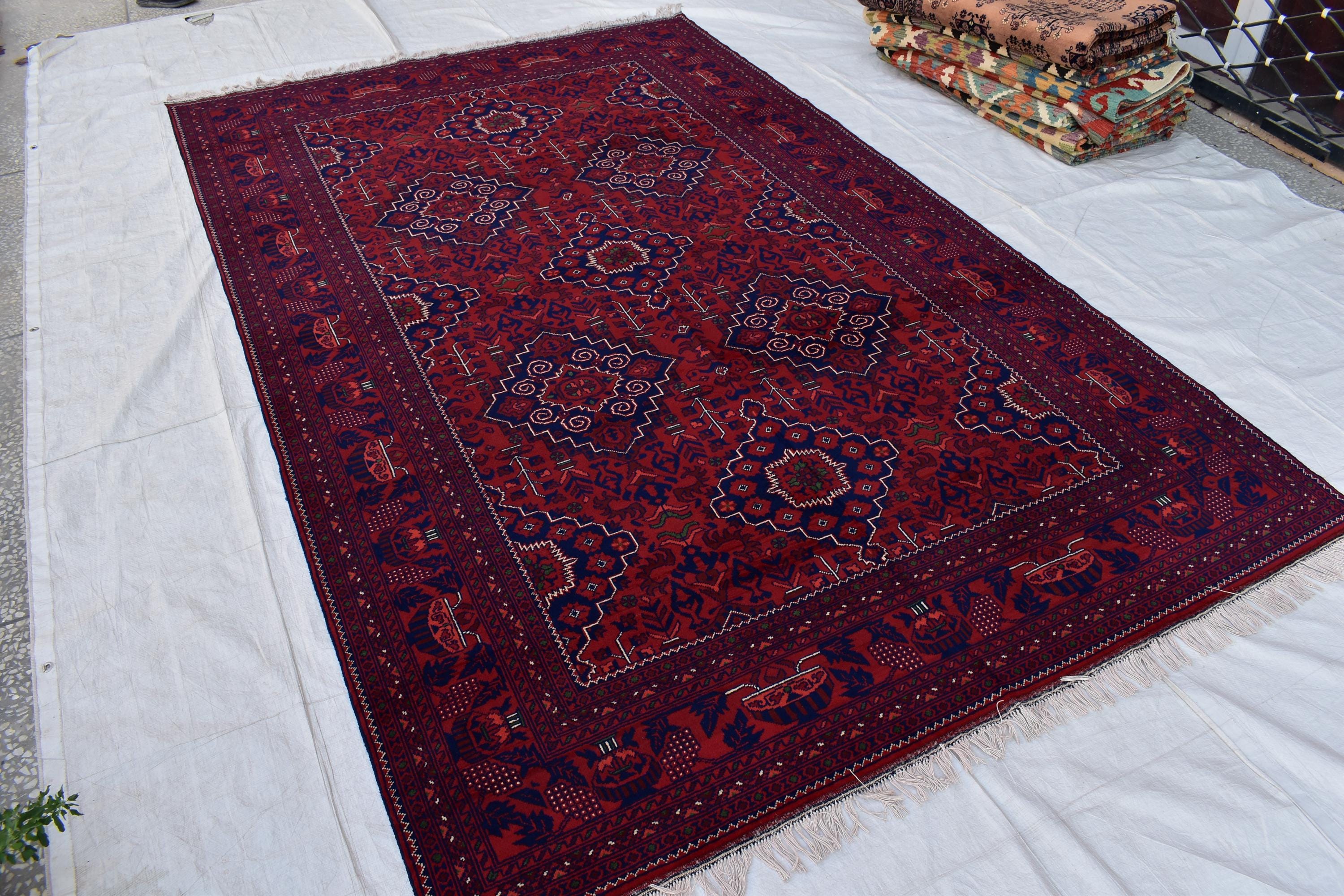 Bukhara Handmade Afghan Wool Rug - Traditional Tribal Geometric Carpet - 10.10x6.8 ft - Red & Blue Oriental Design - Large Living Room Rug