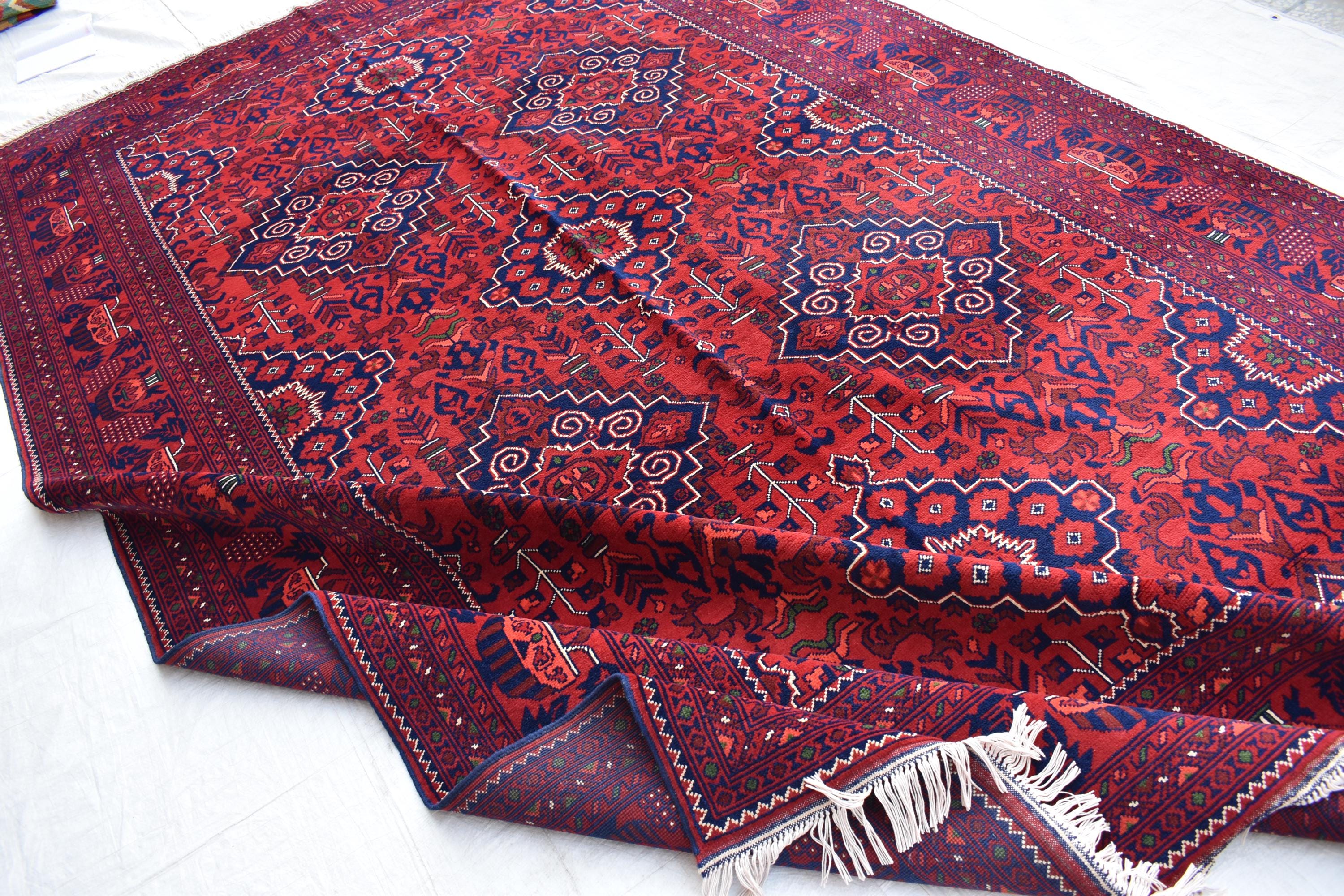 Bukhara Handmade Afghan Wool Rug - Traditional Tribal Geometric Carpet - 10.10x6.8 ft - Red & Blue Oriental Design - Large Living Room Rug