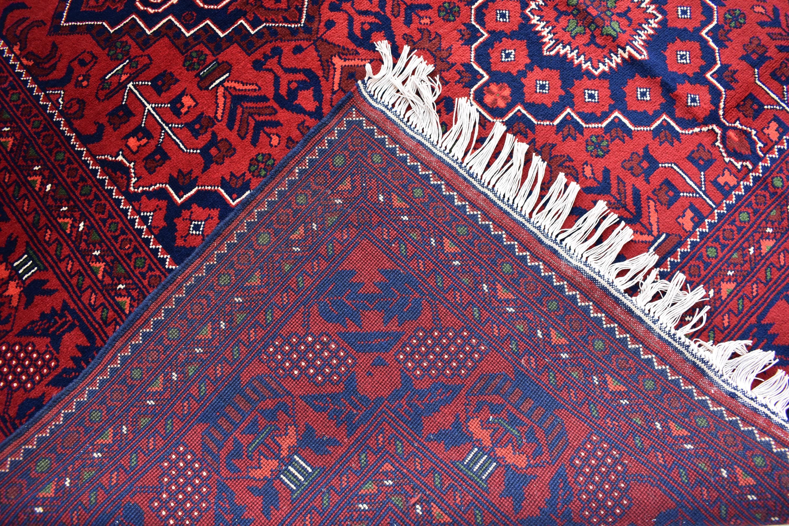 Bukhara Handmade Afghan Wool Rug - Traditional Tribal Geometric Carpet - 10.10x6.8 ft - Red & Blue Oriental Design - Large Living Room Rug