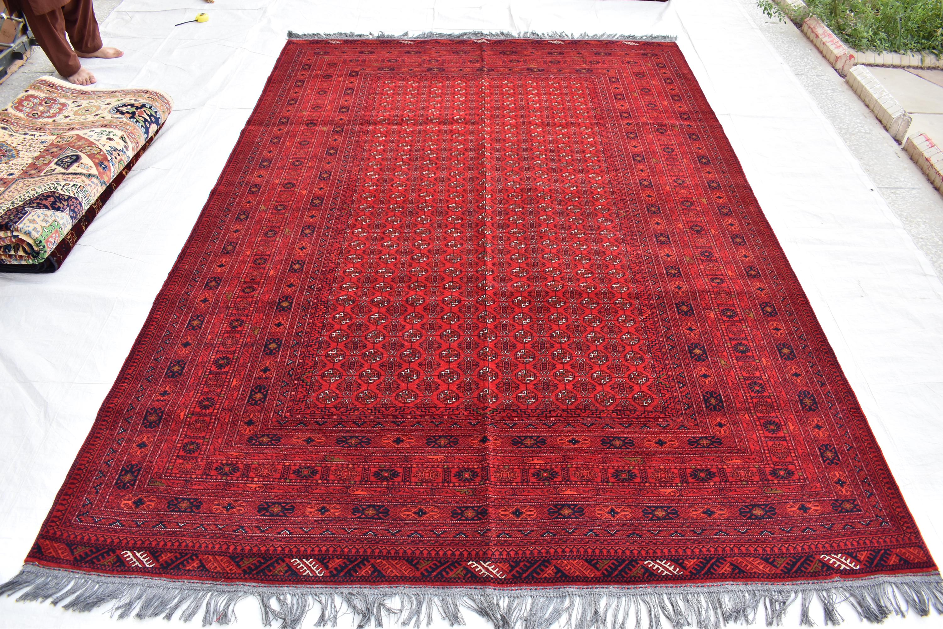 Vintage Afghan Shirin Takab Wool Rug 20 years old - Traditional Red Geometric Carpet - 9.9x6.6 ft - Bedroom Rug, Living Room Carpet