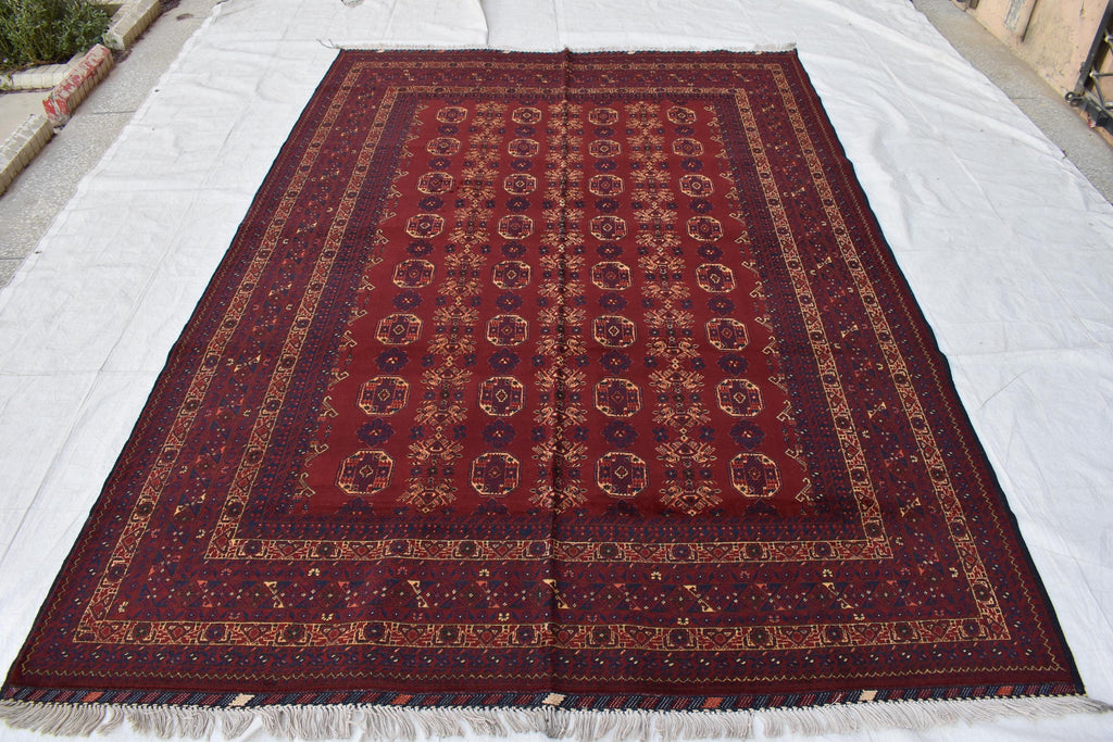 Waziri Vintage Handmade Afghan Carpet 9.11 x 6.9 ft – Natural Wool Rug with Traditional Patterns, Living room Rug, Bedroom Rug