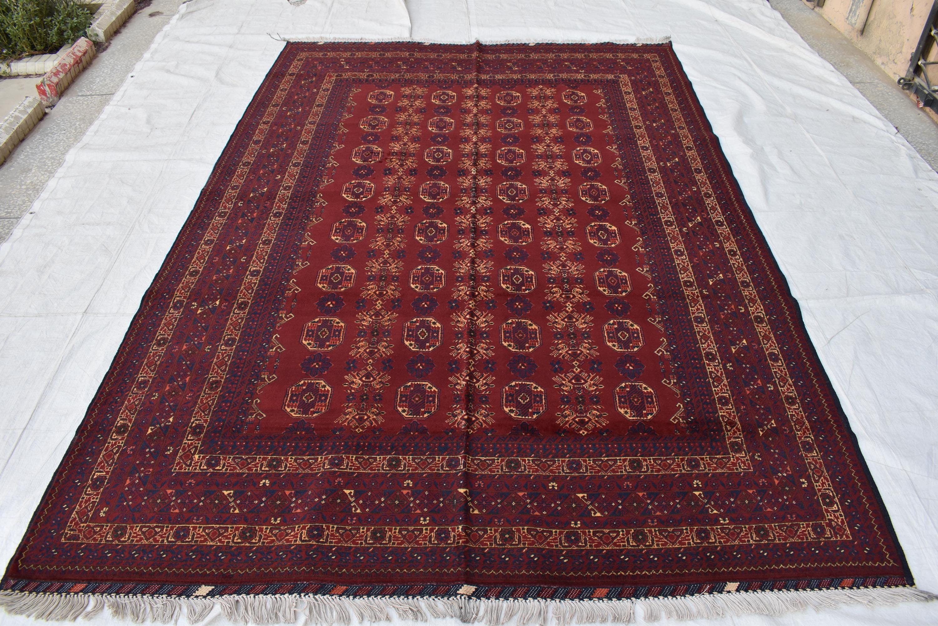 Waziri Vintage Handmade Afghan Carpet 9.11 x 6.9 ft – Natural Wool Rug with Traditional Patterns, Living room Rug, Bedroom Rug