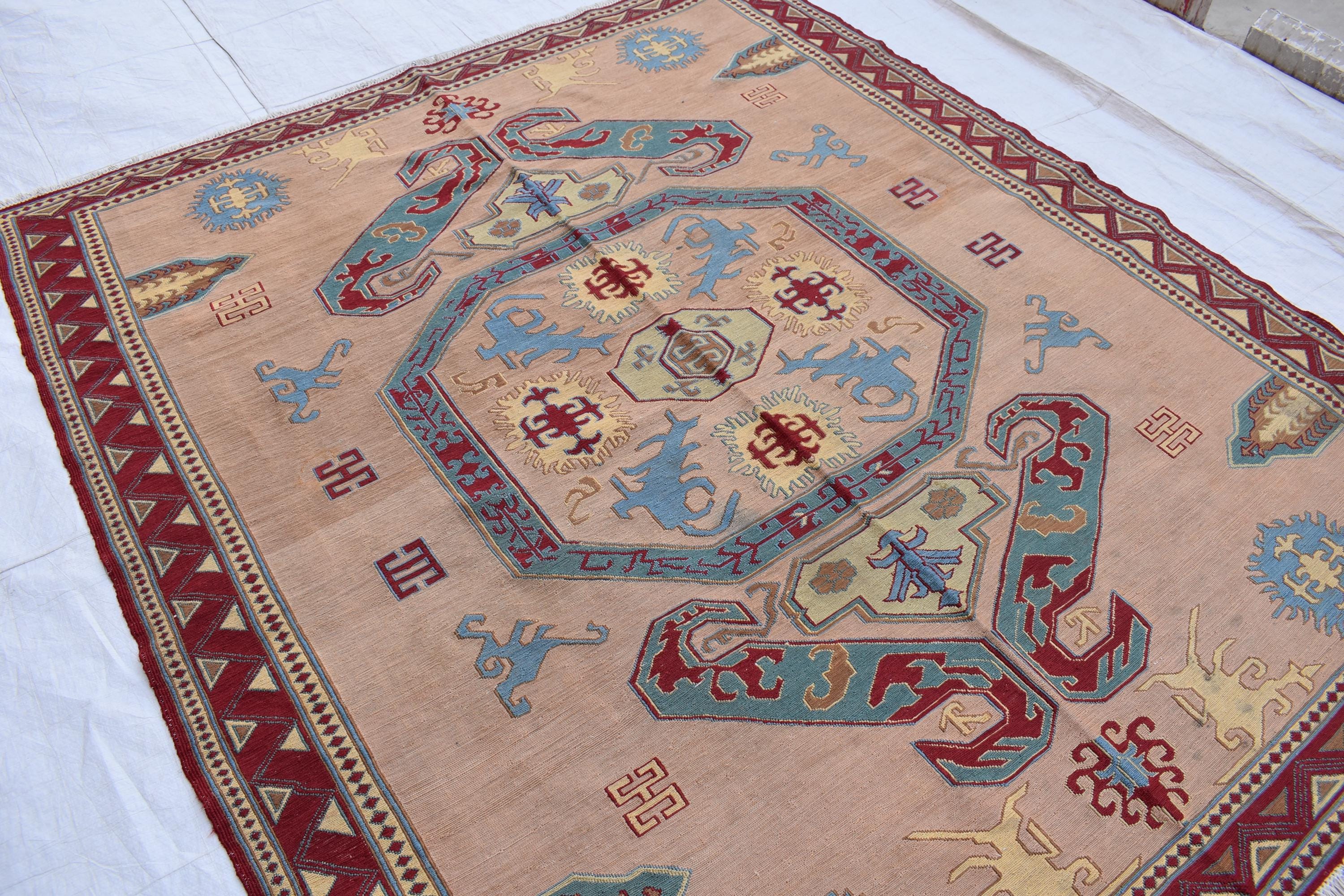 6x7 Vintage SUMAK GILAM | Handwoven Afghan Kilim Rug for Living Spaces | Boho Home Decor, Rug for Living Room, Bedroom Rug, 6.7x5.7 ft