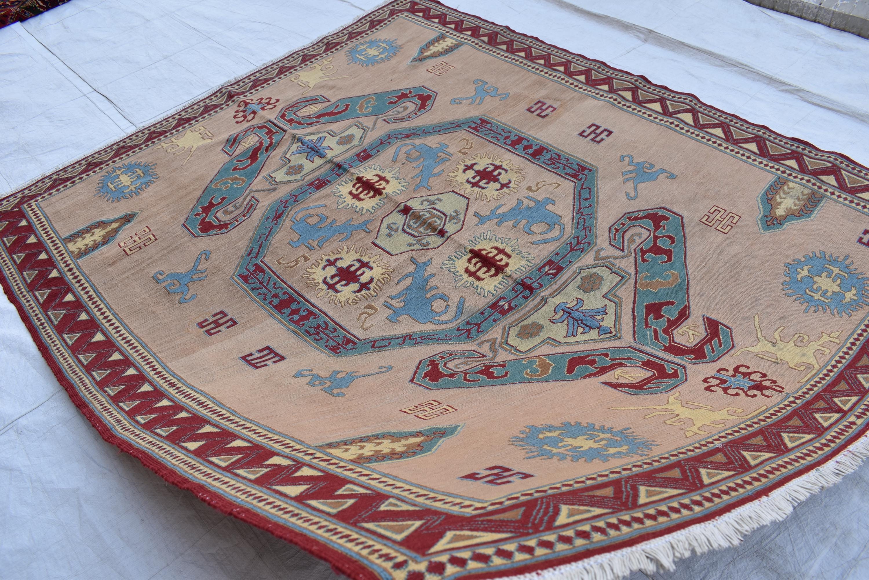 6x7 Vintage SUMAK GILAM | Handwoven Afghan Kilim Rug for Living Spaces | Boho Home Decor, Rug for Living Room, Bedroom Rug, 6.7x5.7 ft