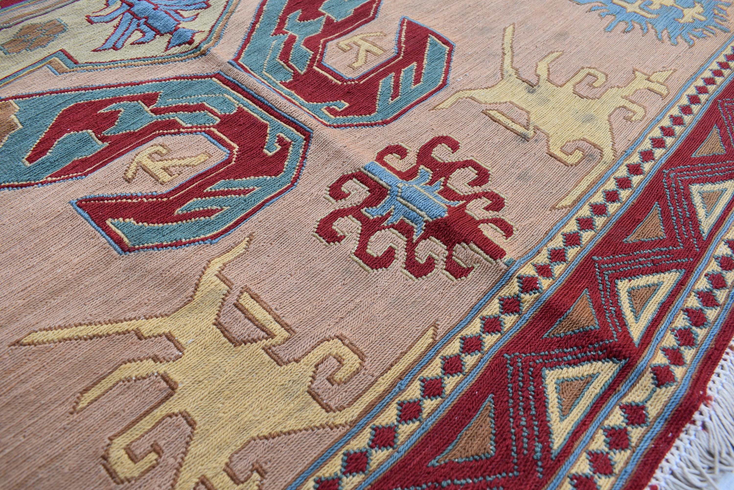 6x7 Vintage SUMAK GILAM | Handwoven Afghan Kilim Rug for Living Spaces | Boho Home Decor, Rug for Living Room, Bedroom Rug, 6.7x5.7 ft