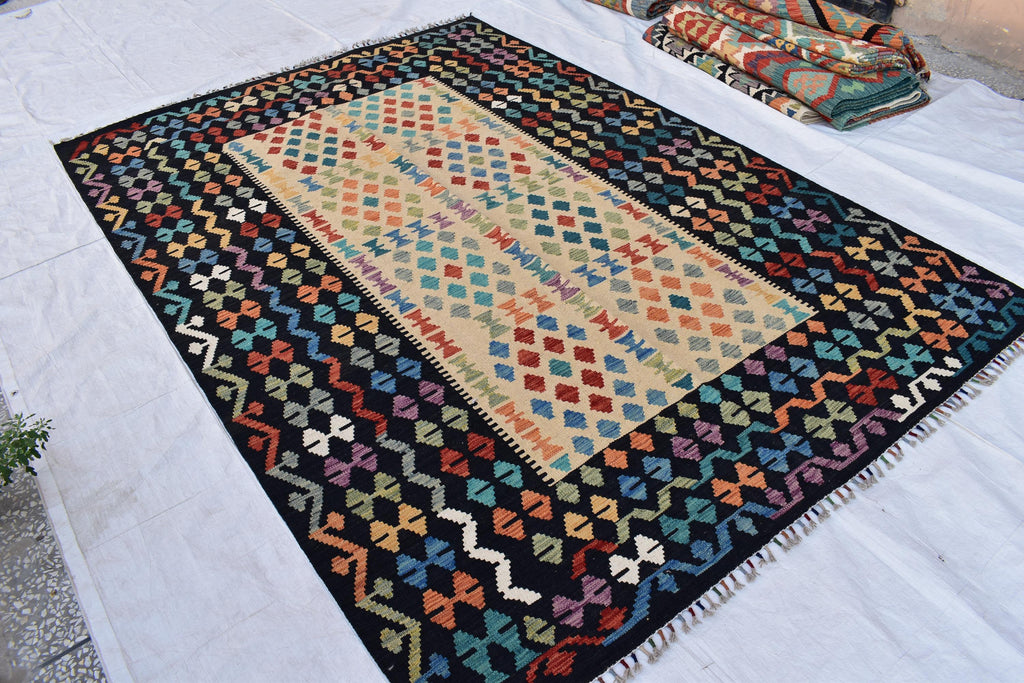 Handmade Kilim Chobi Rug - 9.8x6.8 ft | Traditional Afghan Carpet for Living Rooms | Farm House Rug | Bedroom Rug