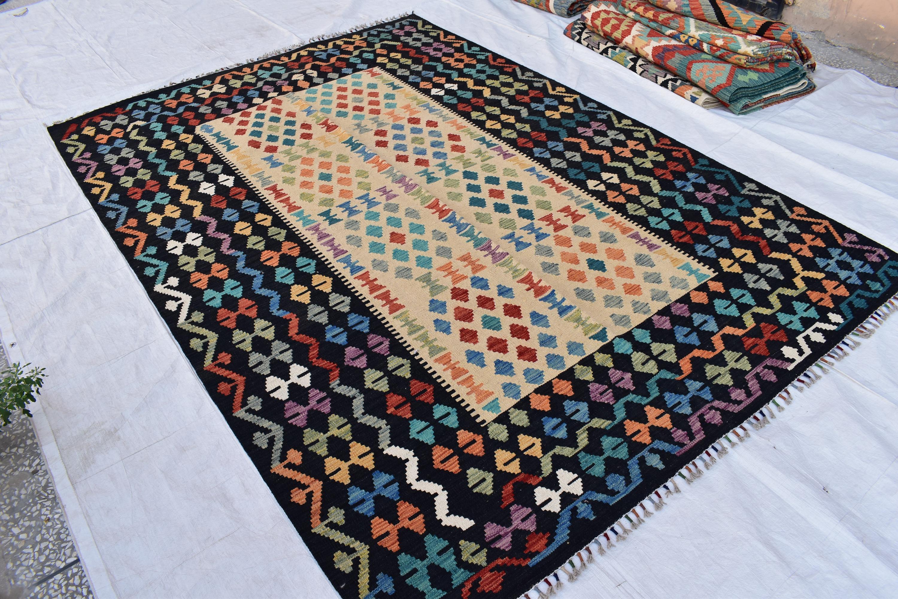 Handmade Kilim Chobi Rug - 9.8x6.8 ft | Traditional Afghan Carpet for Living Rooms | Farm House Rug | Bedroom Rug