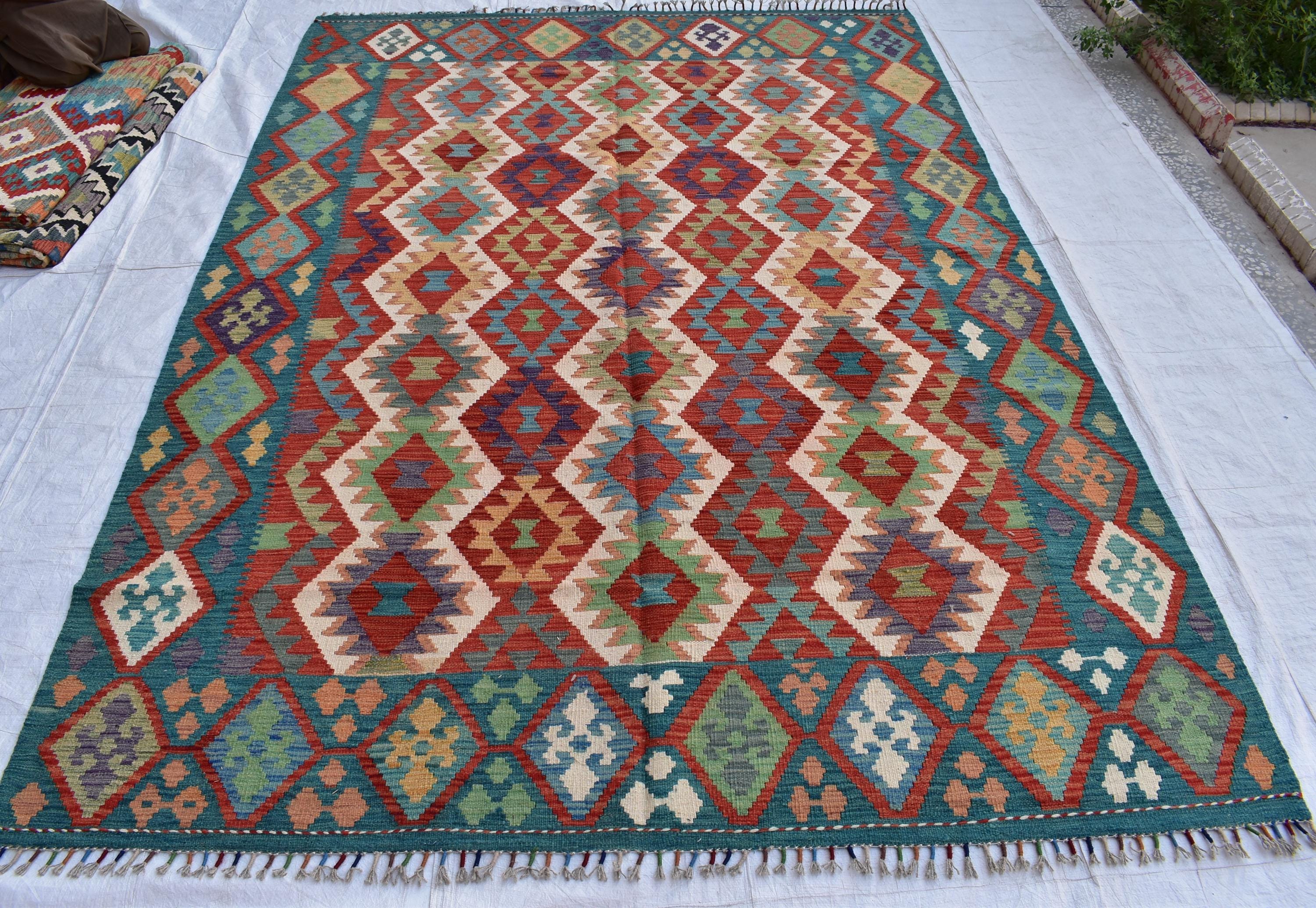 Vintage Tribal Afghan Kilim - 9.7 x 6.8 ft | Handwoven Wool Rug with Authentic Boho Design | Living Room Rug | Farm House Rug