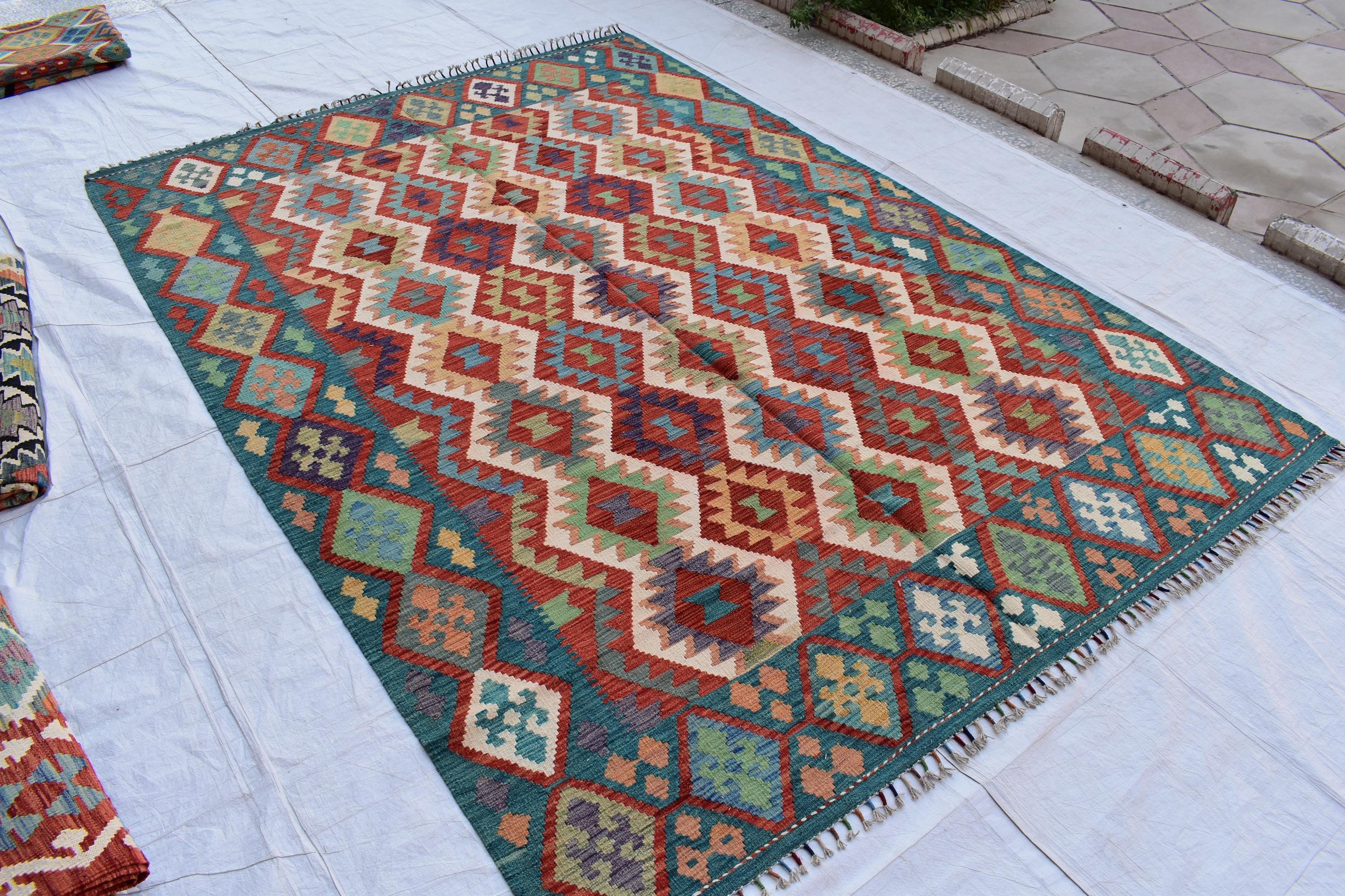 Vintage Tribal Afghan Kilim - 9.7 x 6.8 ft | Handwoven Wool Rug with Authentic Boho Design | Living Room Rug | Farm House Rug