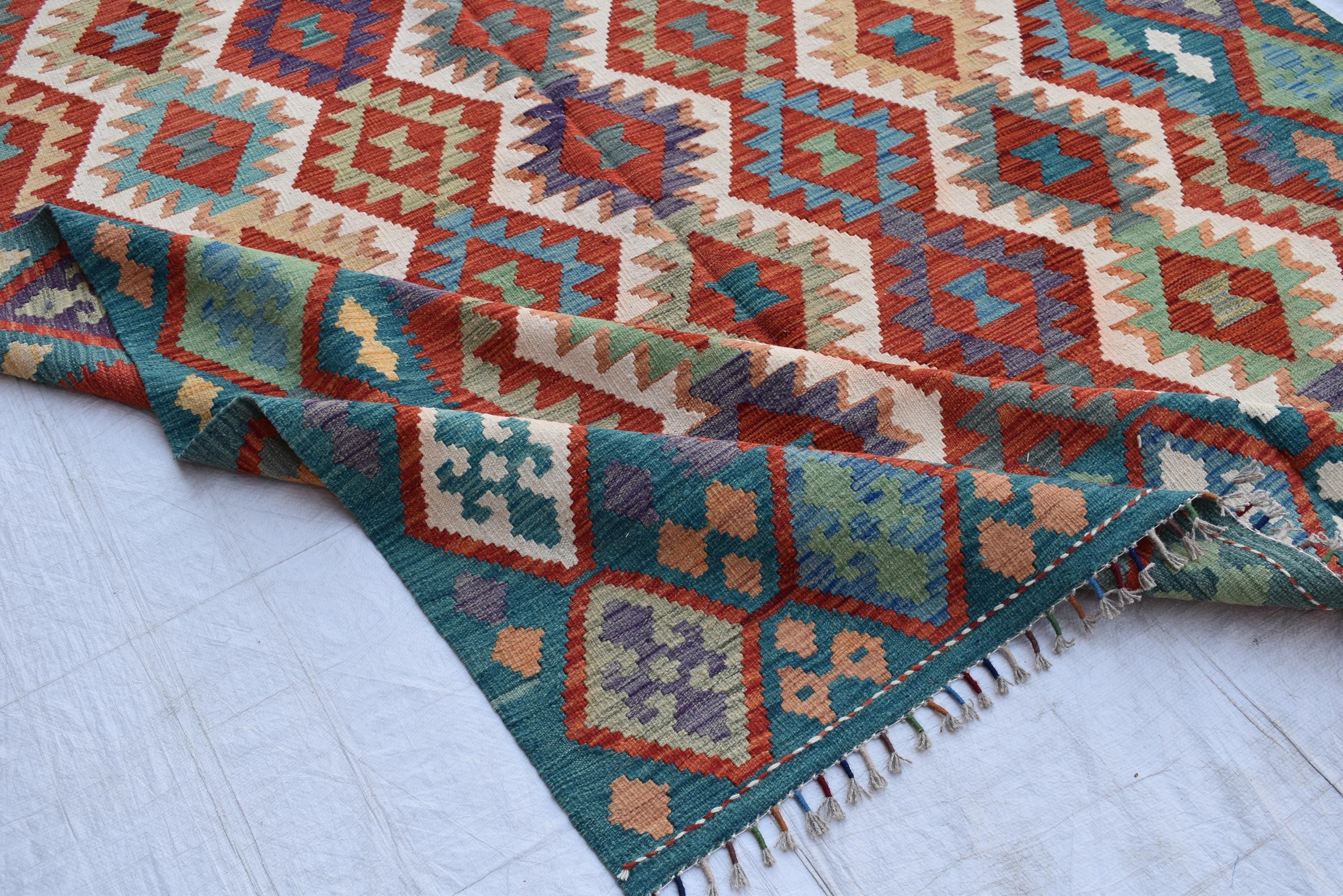 Vintage Tribal Afghan Kilim - 9.7 x 6.8 ft | Handwoven Wool Rug with Authentic Boho Design | Living Room Rug | Farm House Rug
