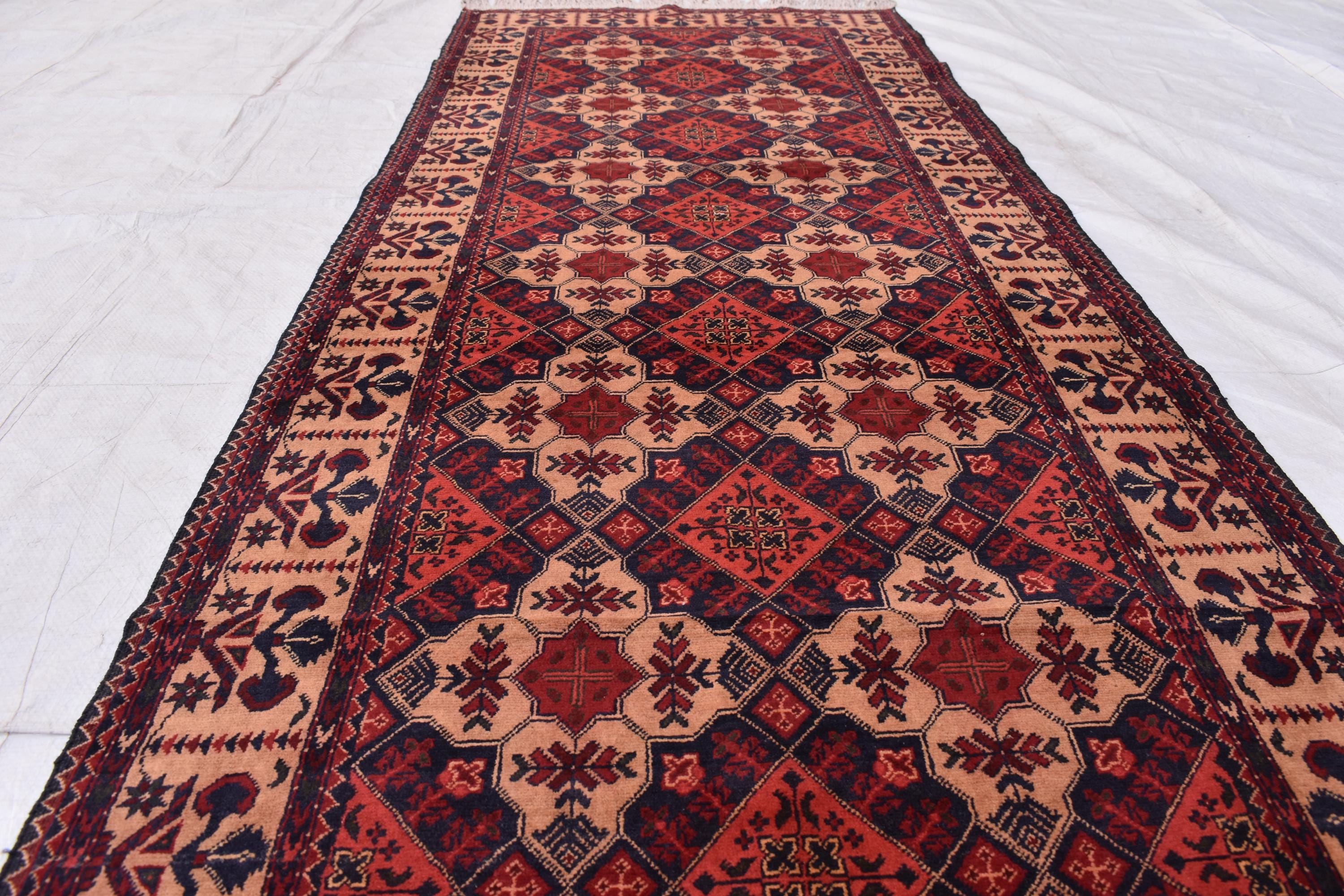 Tribal Yousafi Runner Rug - 12.9 x 3 ft | Handwoven Afghan Wool Carpet with Geometric Patterns | Hallway Runner | Entryway Rug