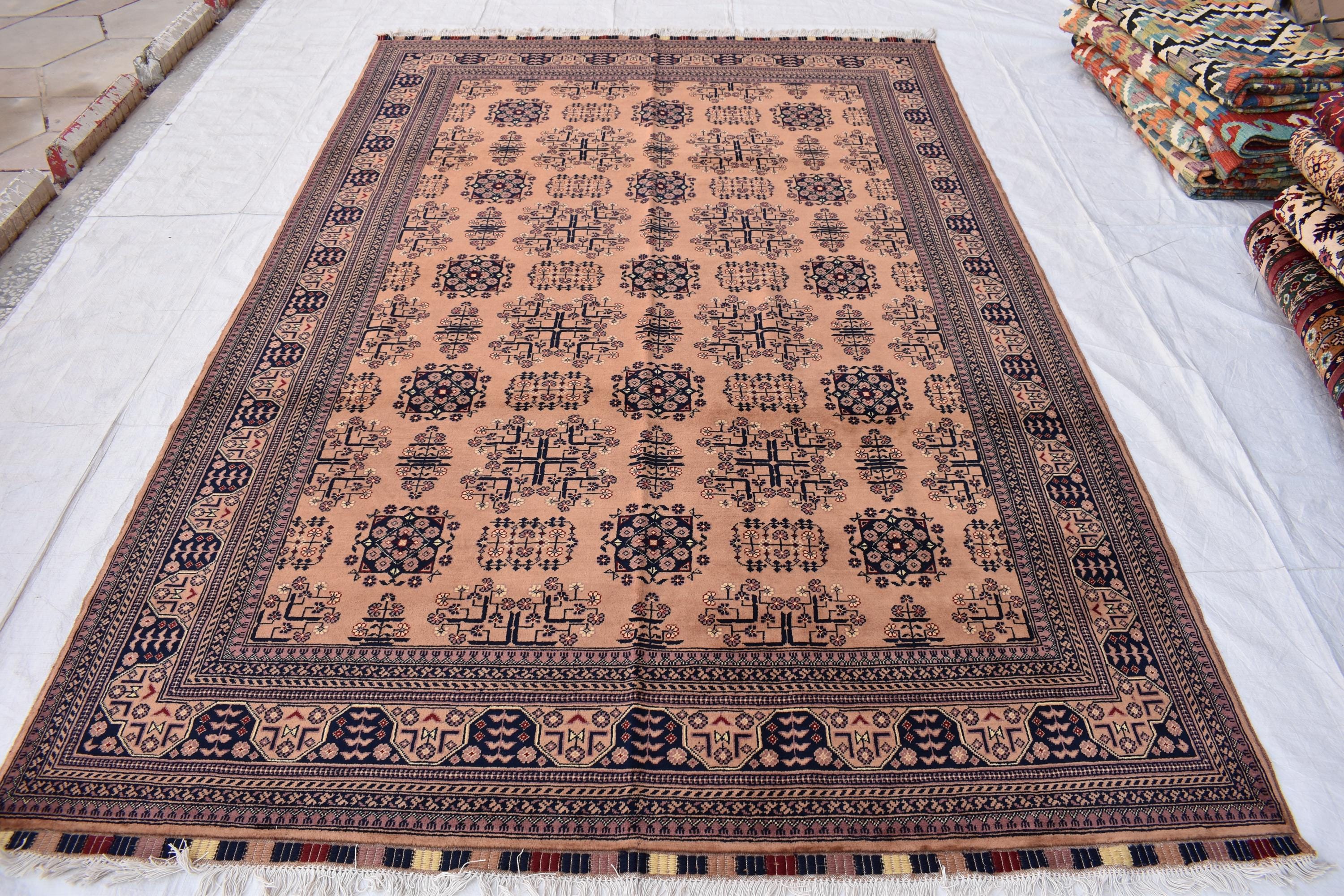 Gorgeous Bukhara Handmade Carpet - 10.2 x 6.7 ft | Authentic Afghan Wool Rug with Traditional Design | Living Room Rug | Office Rug