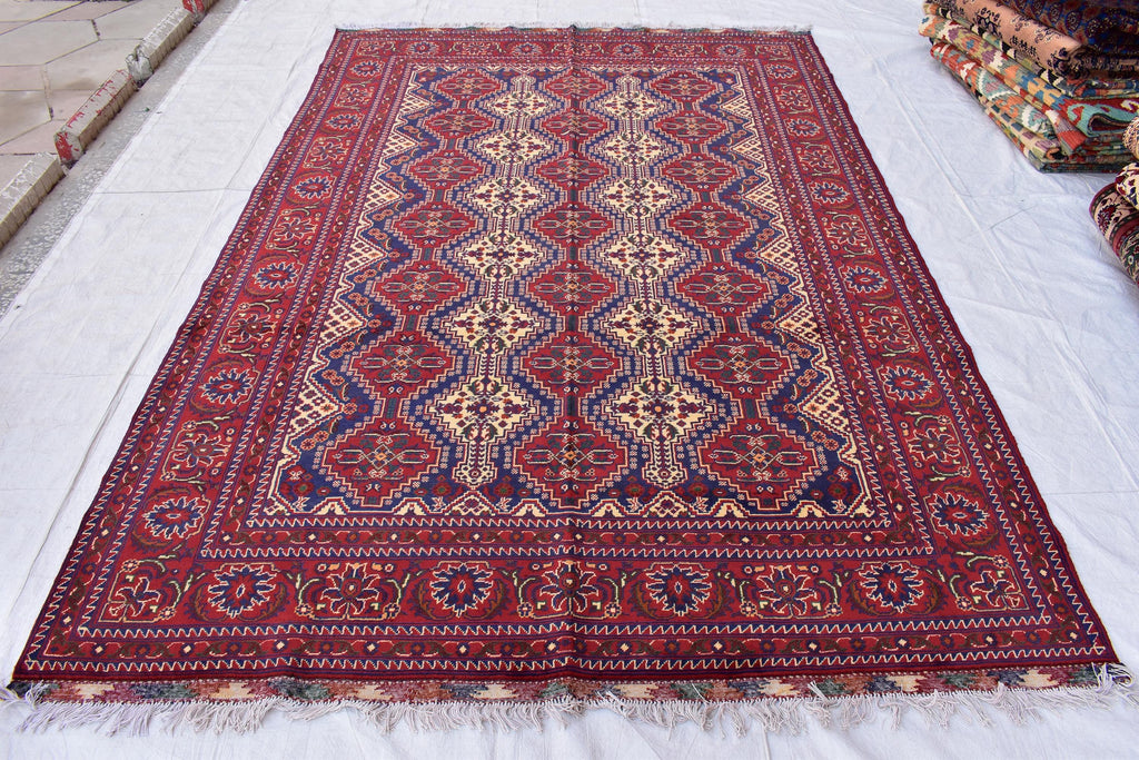 Handwoven Yousafi Tribal Afghan Carpet – 10 x 6.7 ft – Authentic Wool Rug with Traditional Motifs