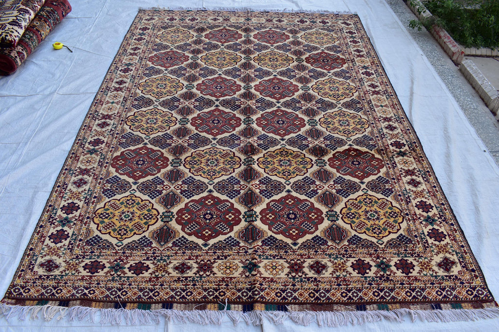 Handmade Baghdadi Carpet - 9.6 x 6.8 ft | Traditional Afghan Design with Intricate Patterns and Rich Colors