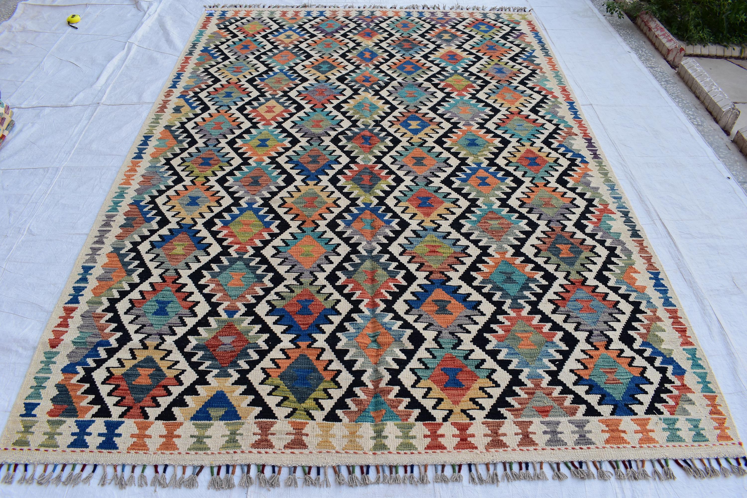 Traditional Tribal Gilam Rug - 9.5 x 6.7 ft | Authentic Handwoven Afghan Design with Rich Patterns | Farm House Rug