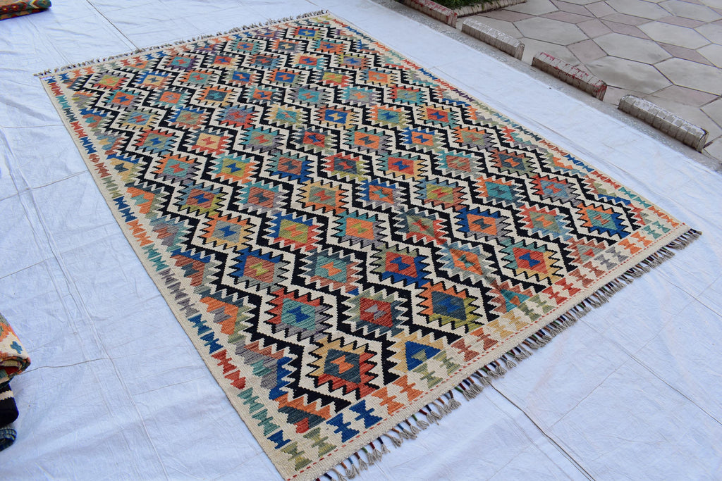 Traditional Tribal Gilam Rug - 9.5 x 6.7 ft | Authentic Handwoven Afghan Design with Rich Patterns | Farm House Rug