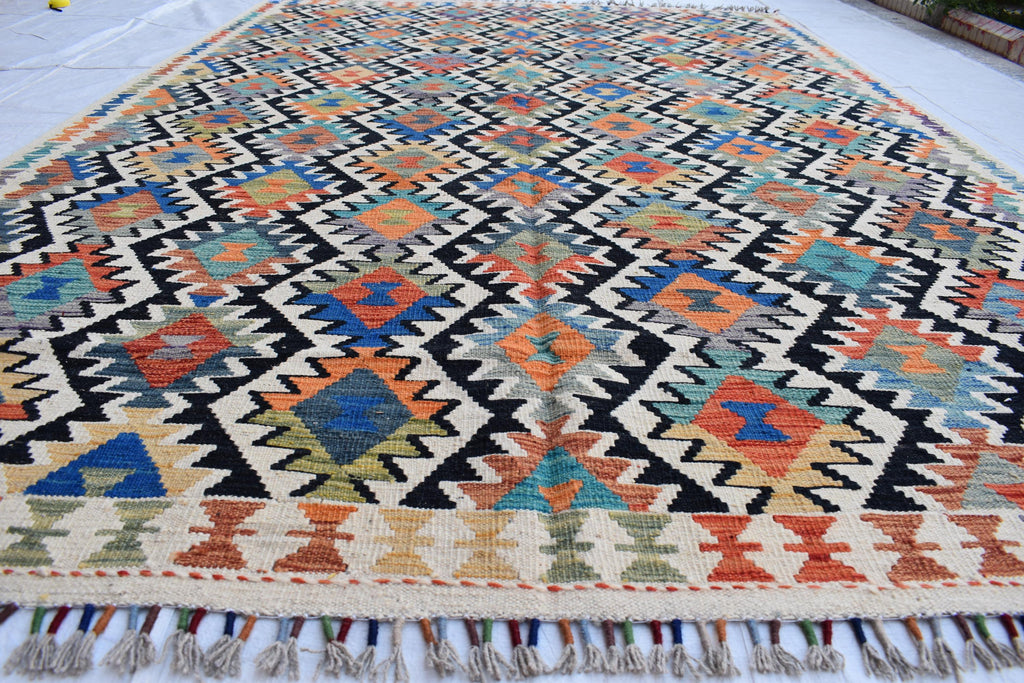 Traditional Tribal Gilam Rug - 9.5 x 6.7 ft | Authentic Handwoven Afghan Design with Rich Patterns | Farm House Rug