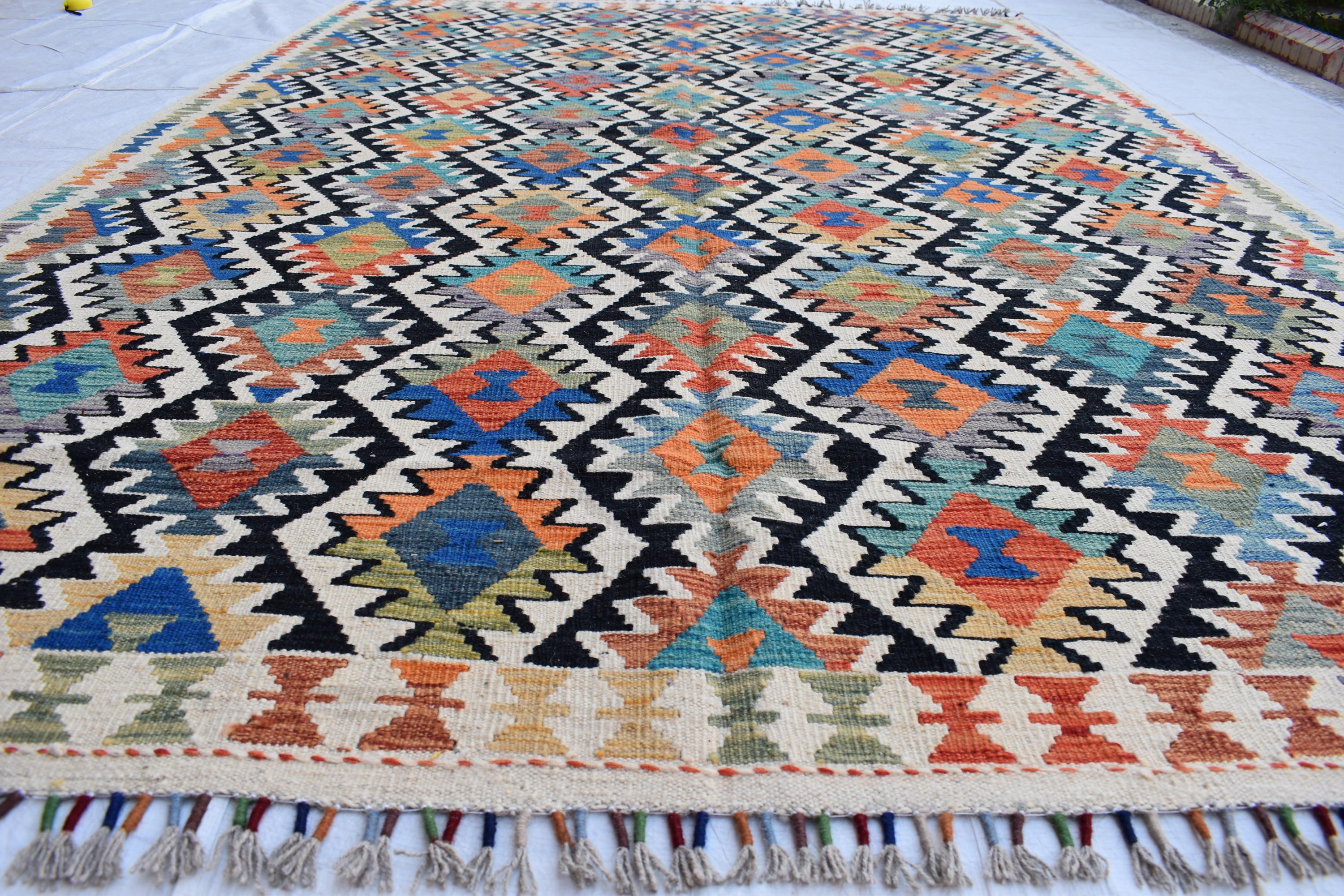 Traditional Tribal Gilam Rug - 9.5 x 6.7 ft | Authentic Handwoven Afghan Design with Rich Patterns | Farm House Rug