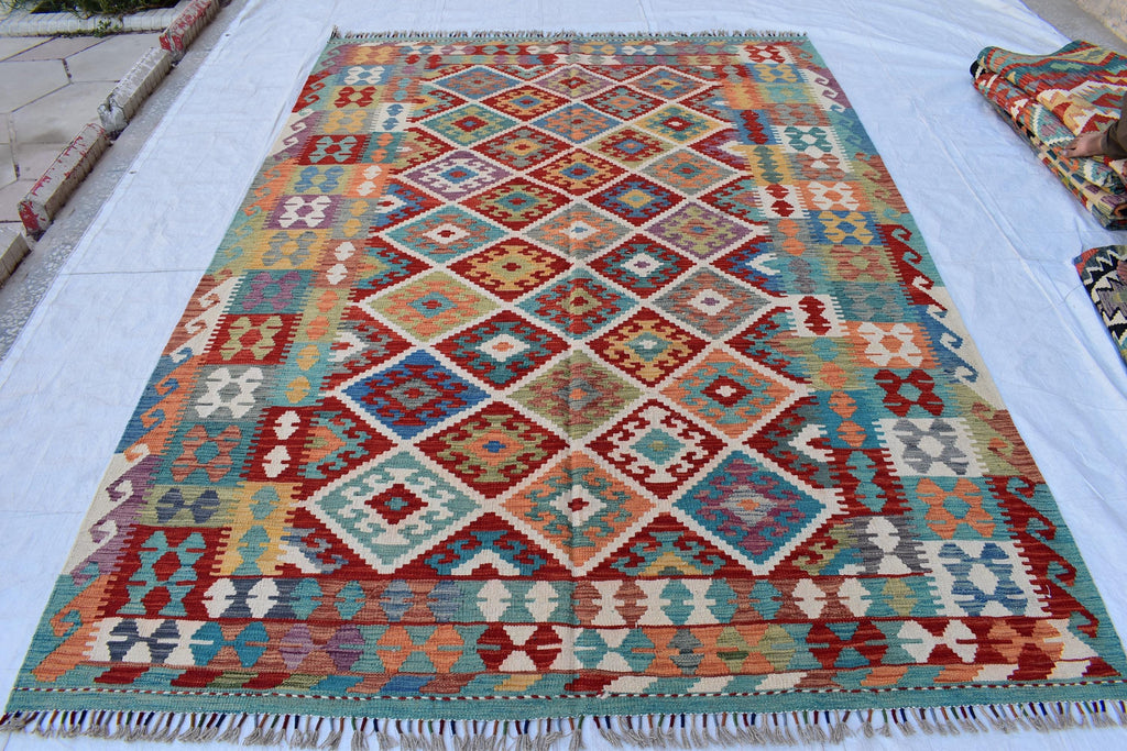 Handwoven Tribal Tradition Afghan Gilam – 9.8x6.9 ft Wool Rug, Authentic Nomadic Design | Farm House Rug | Living Room Rug