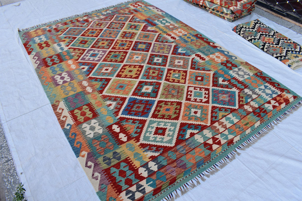Handwoven Tribal Tradition Afghan Gilam – 9.8x6.9 ft Wool Rug, Authentic Nomadic Design | Farm House Rug | Living Room Rug