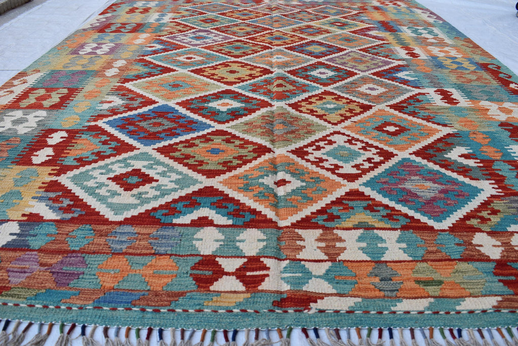 Handwoven Tribal Tradition Afghan Gilam – 9.8x6.9 ft Wool Rug, Authentic Nomadic Design | Farm House Rug | Living Room Rug