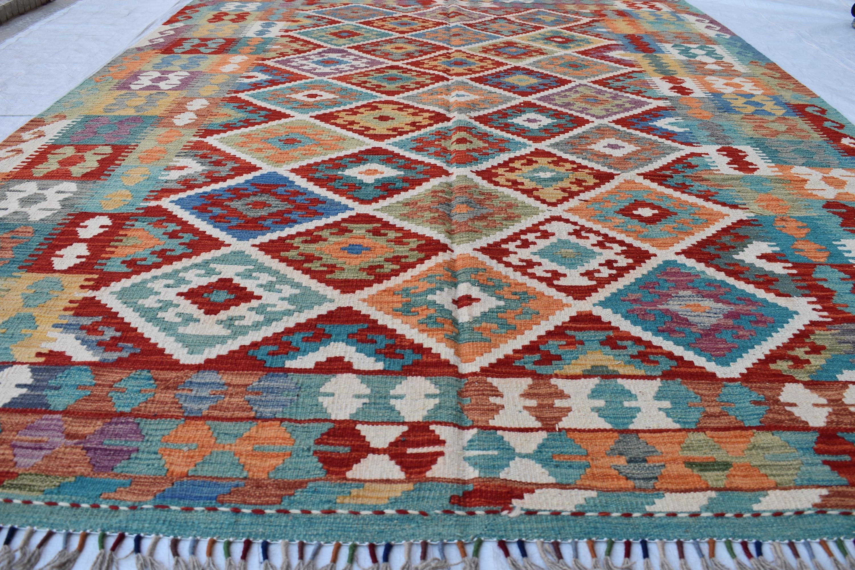 Handwoven Tribal Tradition Afghan Gilam – 9.8x6.9 ft Wool Rug, Authentic Nomadic Design | Farm House Rug | Living Room Rug
