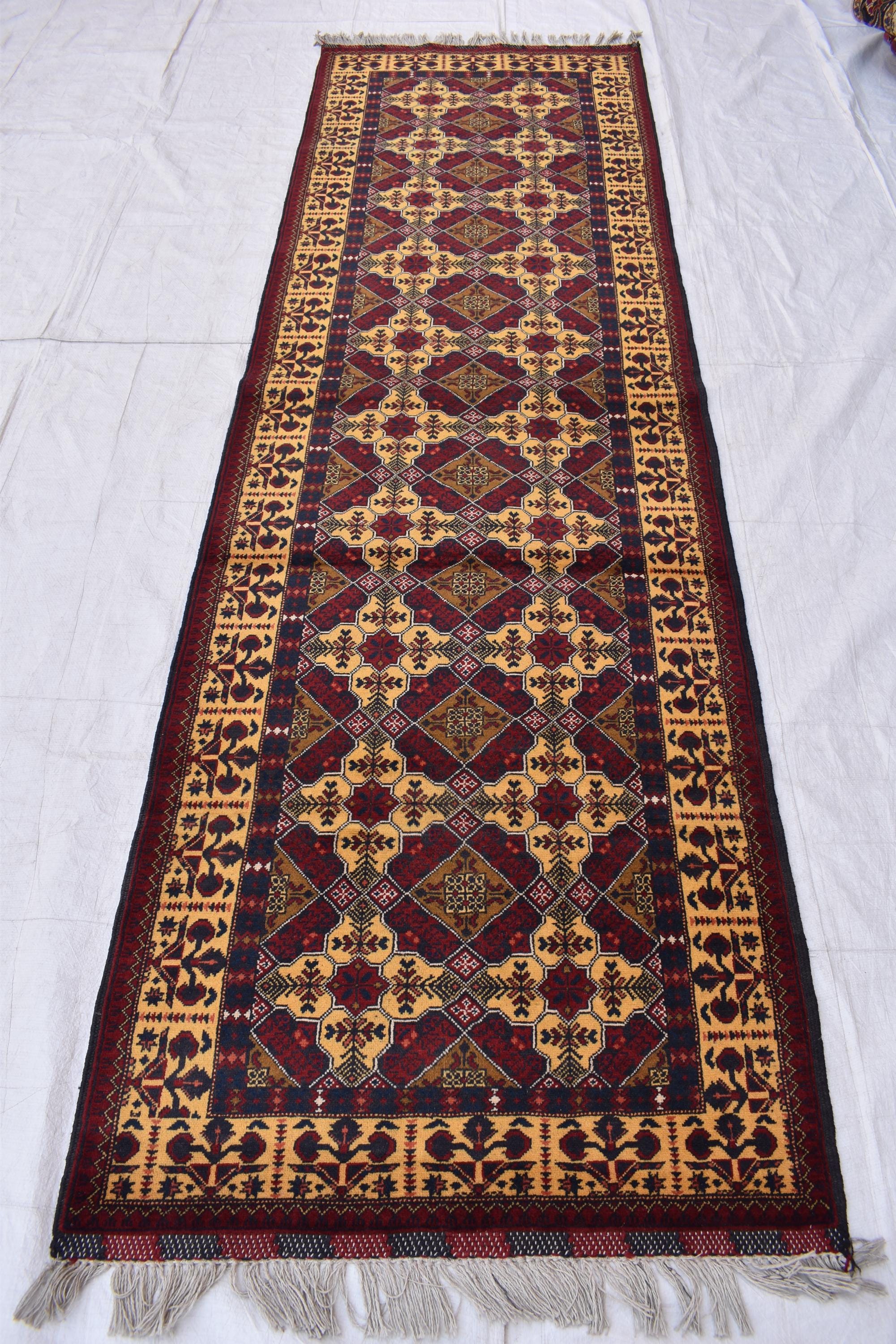 Elegant Yousafi Handmade Runner – 9.11x3 ft, Authentic Afghan Wool Rug with Timeless Design, Unique Entryway Decor, Ideal for Hallway