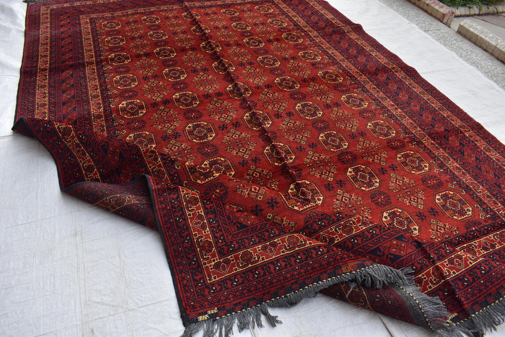 Vintage Waziri Afghan Carpet – 9.10x6.6 ft, Handwoven Wool Rug with Traditional Tribal Design