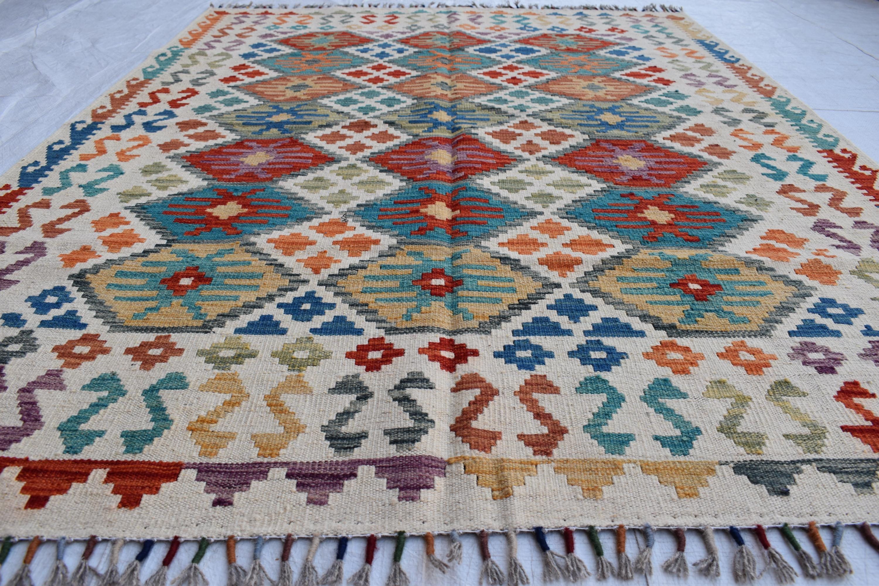 Authentic Chobi Gilam Afghan Rug – 6.15x4.10 ft, Handwoven Wool Carpet with Traditional Design | Living Room Rug