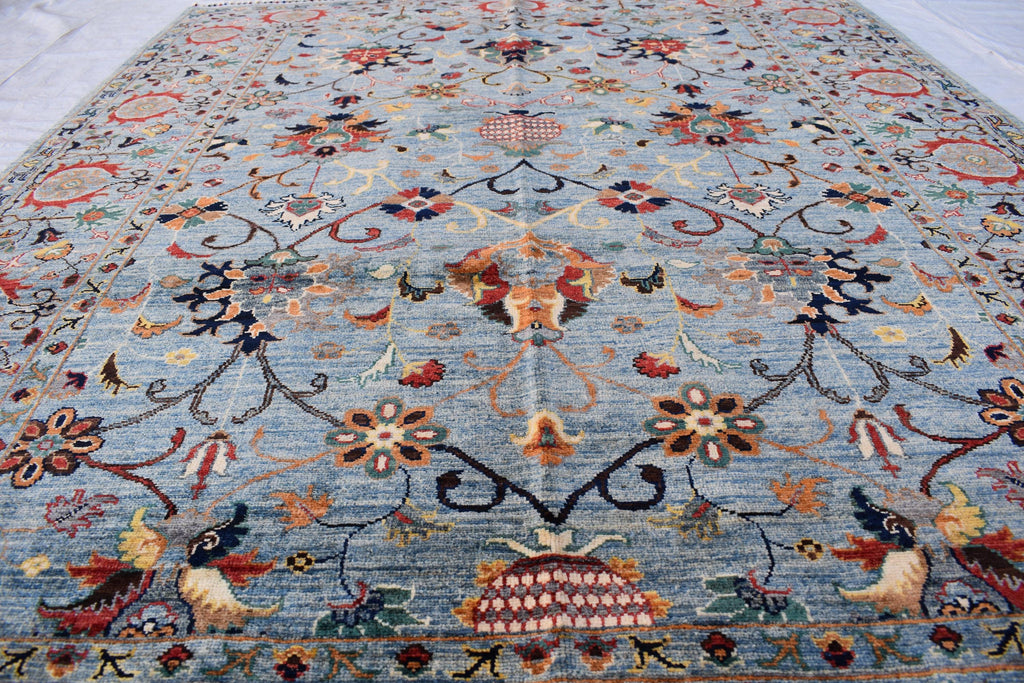 6x8 Light Blue Authentic Afghan Handmade Chobi Wool Carpet | Boho Home Decor, Rug for living room, Bedroom Rug, Rust and navy floral pattern