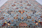 6x8 Light Blue Authentic Afghan Handmade Chobi Wool Carpet | Boho Home Decor, Rug for living room, Bedroom Rug, Rust and navy floral pattern