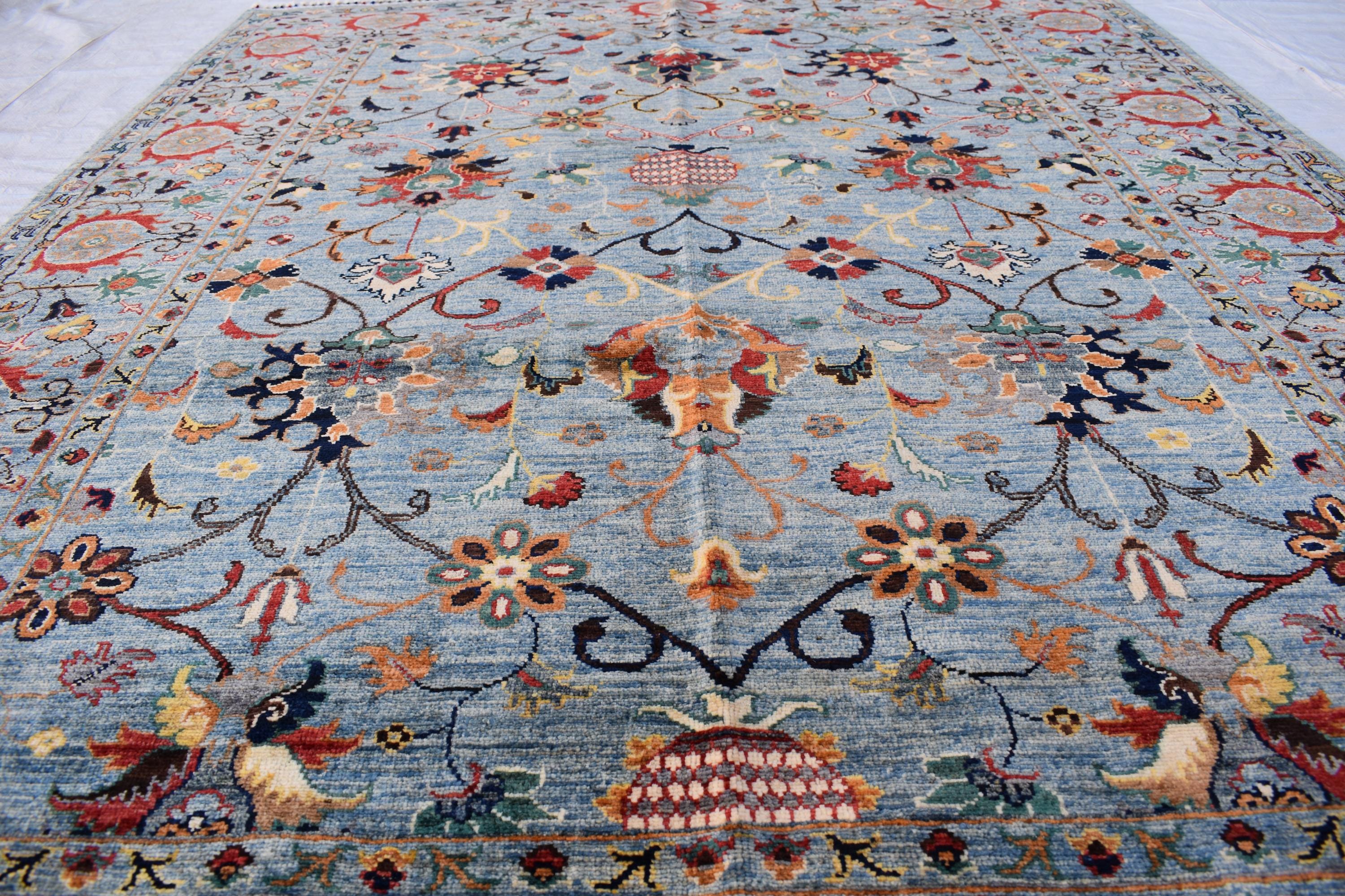 6x8 Light Blue Authentic Afghan Handmade Chobi Wool Carpet | Boho Home Decor, Rug for living room, Bedroom Rug, Rust and navy floral pattern