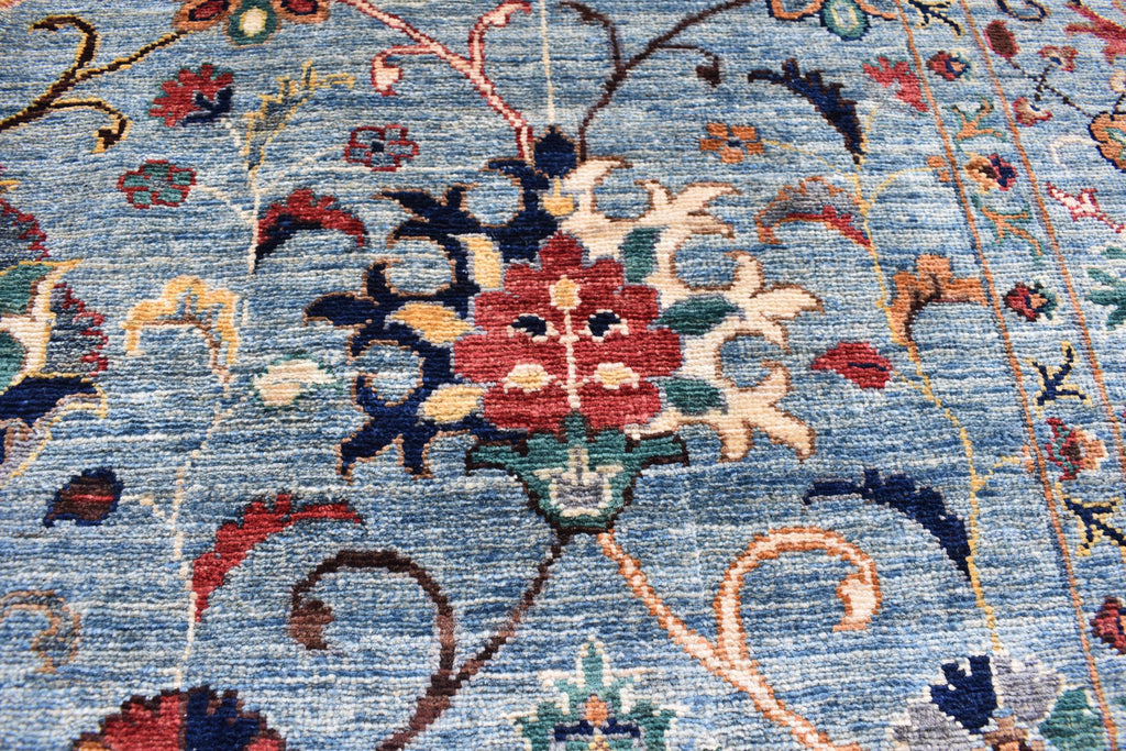 6x8 Light Blue Authentic Afghan Handmade Chobi Wool Carpet | Boho Home Decor, Rug for living room, Bedroom Rug, Rust and navy floral pattern