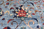 6x8 Light Blue Authentic Afghan Handmade Chobi Wool Carpet | Boho Home Decor, Rug for living room, Bedroom Rug, Rust and navy floral pattern