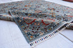 6x8 Light Blue Authentic Afghan Handmade Chobi Wool Carpet | Boho Home Decor, Rug for living room, Bedroom Rug, Rust and navy floral pattern