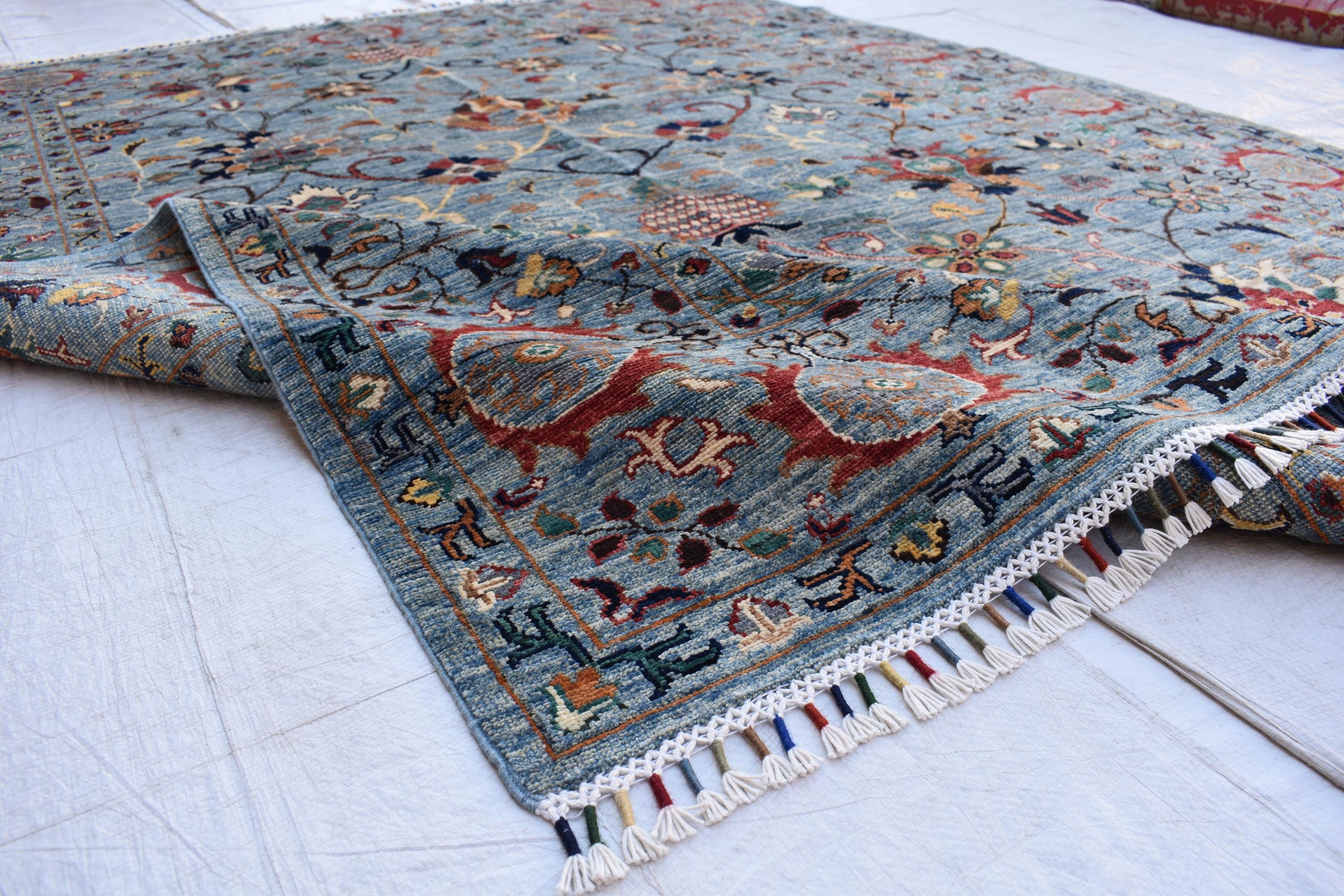 6x8 Light Blue Authentic Afghan Handmade Chobi Wool Carpet | Boho Home Decor, Rug for living room, Bedroom Rug, Rust and navy floral pattern