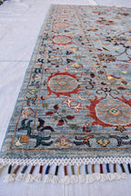 6x8 Light Blue Authentic Afghan Handmade Chobi Wool Carpet | Boho Home Decor, Rug for living room, Bedroom Rug, Rust and navy floral pattern