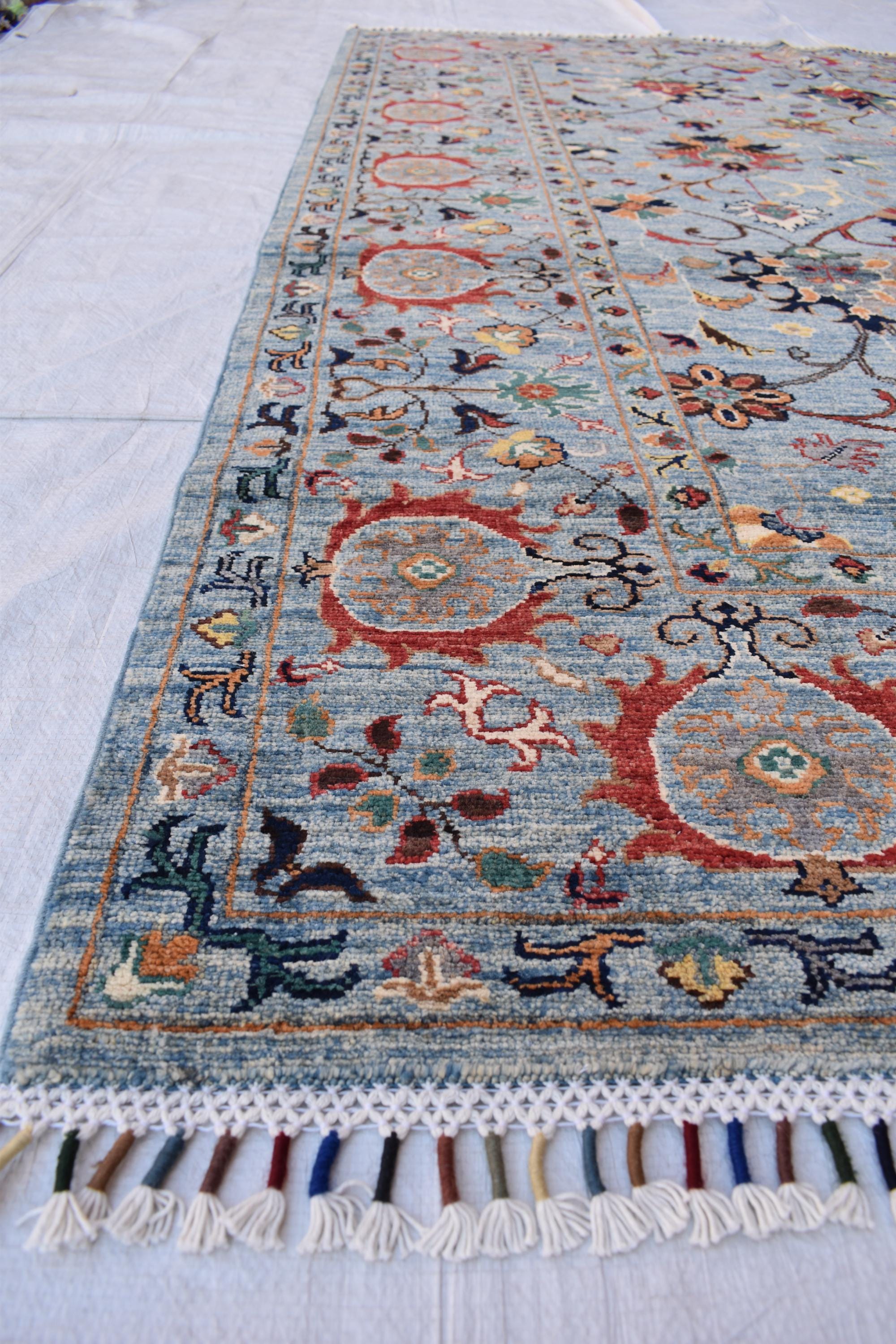 6x8 Light Blue Authentic Afghan Handmade Chobi Wool Carpet | Boho Home Decor, Rug for living room, Bedroom Rug, Rust and navy floral pattern