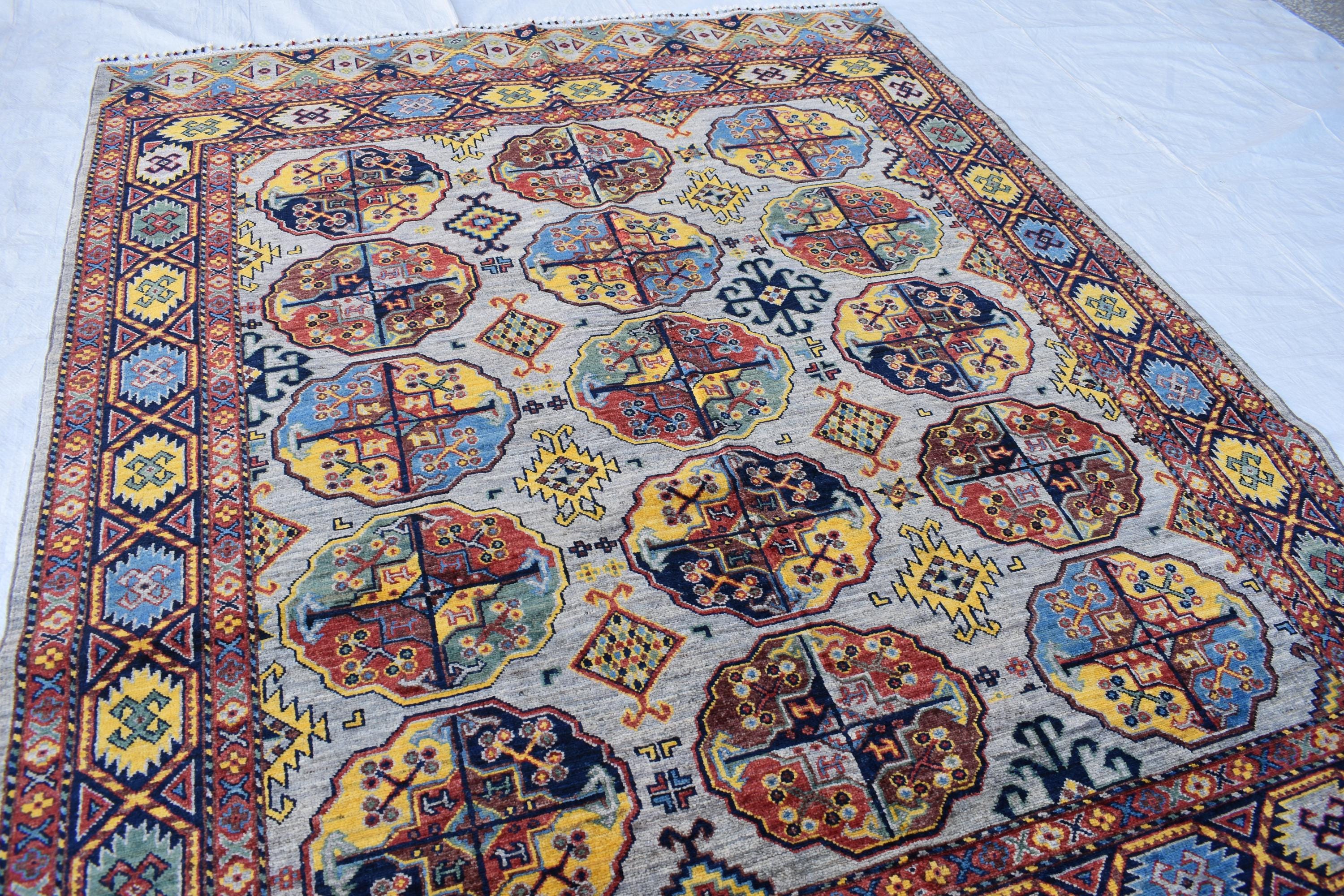 Handmade Afghan Tribal Rug – 7.7x5.10 ft Vibrant Wool Carpet with Geometric Patterns