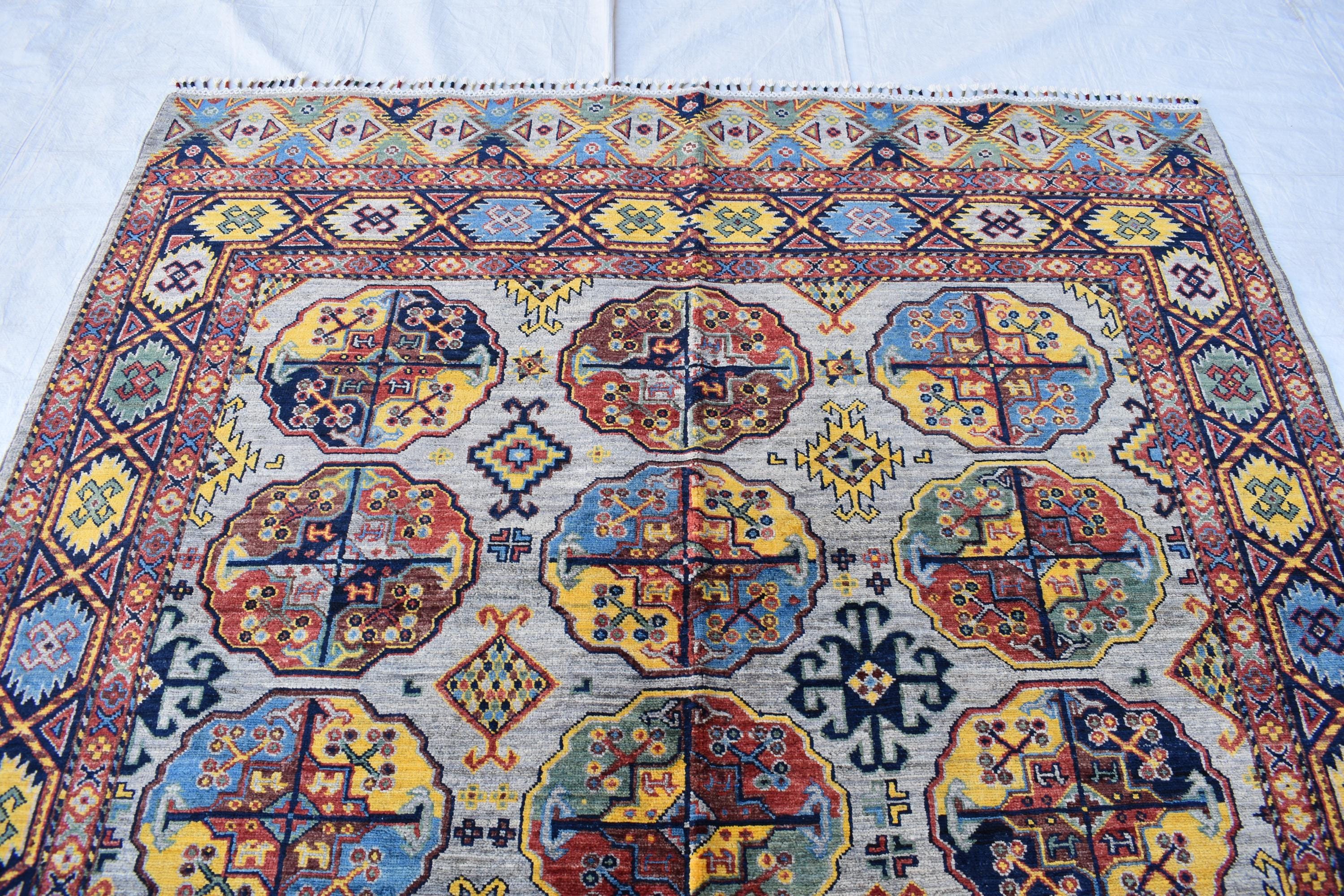 Handmade Afghan Tribal Rug – 7.7x5.10 ft Vibrant Wool Carpet with Geometric Patterns