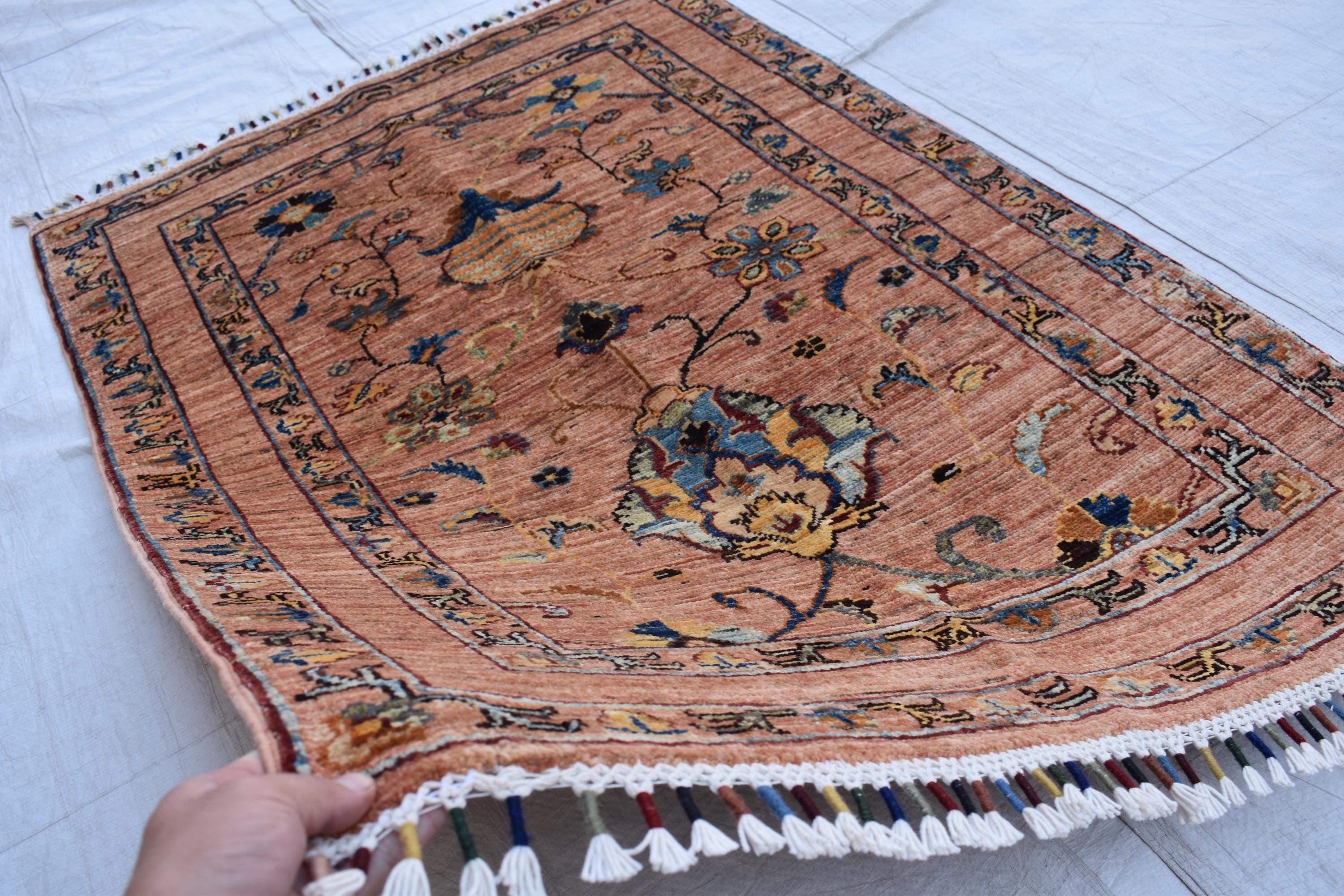 Hand-Knotted Afghan Floral Medallion Rug – 4.10x2.7 ft | Wall Hanging Rug | Boho Home Decor | Office Rug | Bedroom Rug