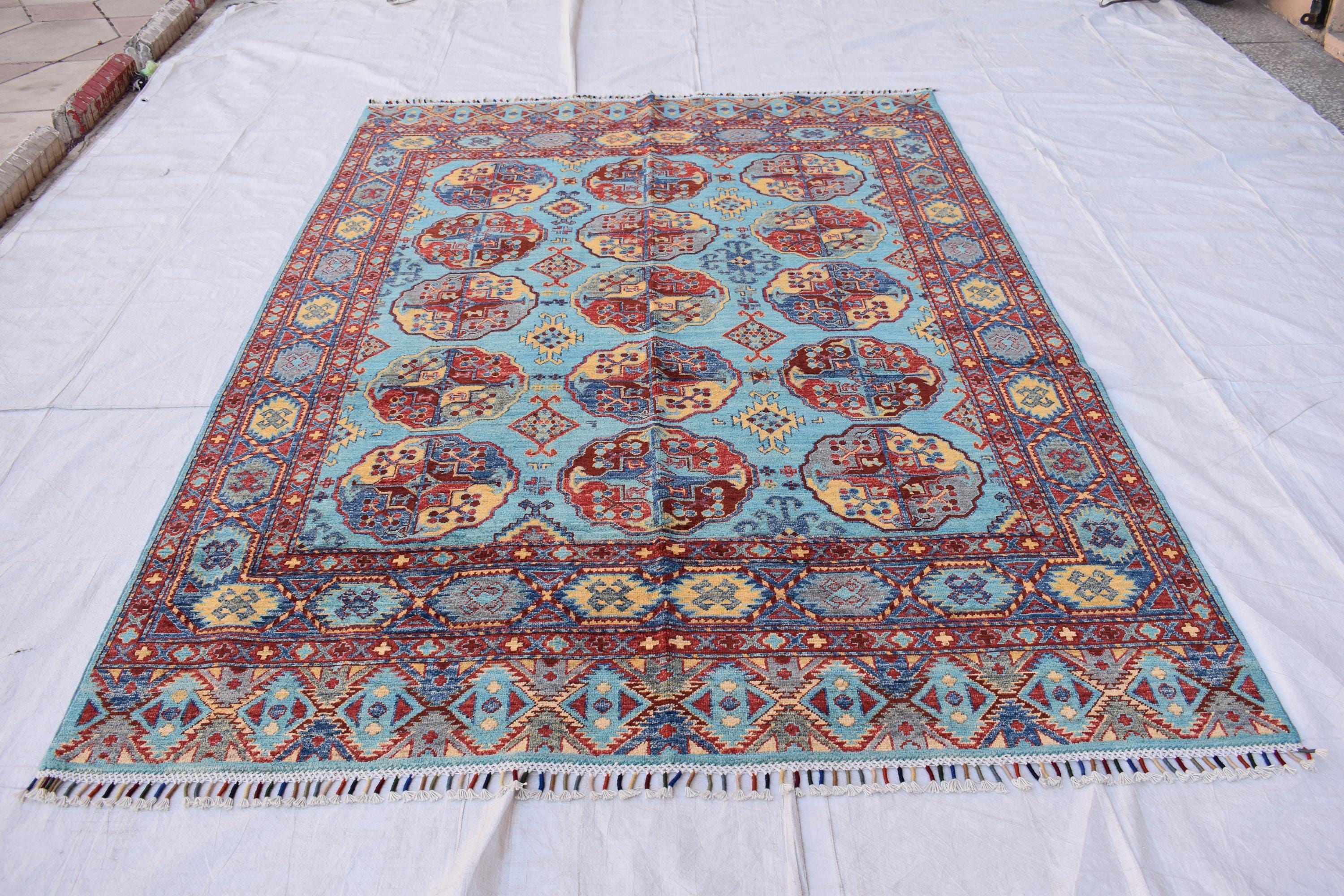 handmade vintage geometric 8.2 x 5.9 ft 100% wool, for living room, dinning room and office.