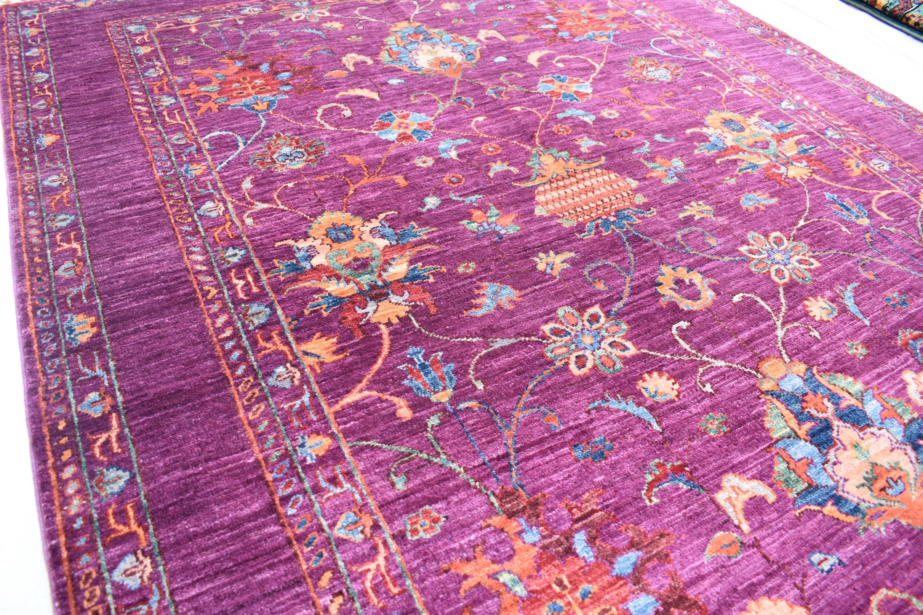 Handwoven Afghan Wool Carpet - Deep Red with Floral Patterns, 6.6x5.2 ft | Living Room Rug | Boho Home Decor | Office Rug