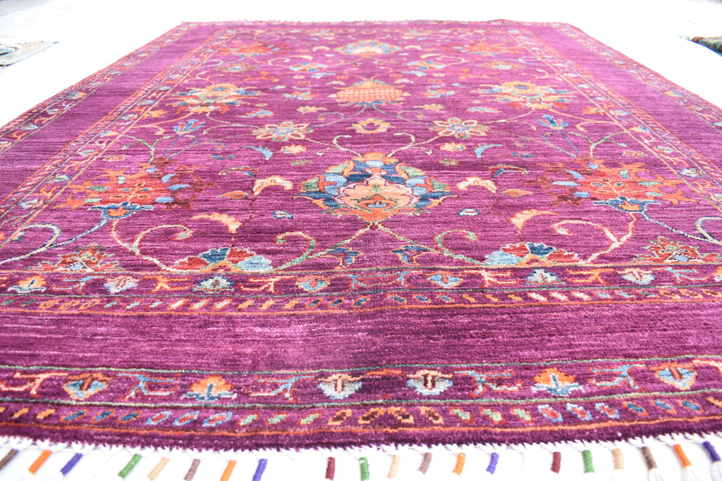 Handwoven Afghan Wool Carpet - Deep Red with Floral Patterns, 6.6x5.2 ft | Living Room Rug | Boho Home Decor | Office Rug